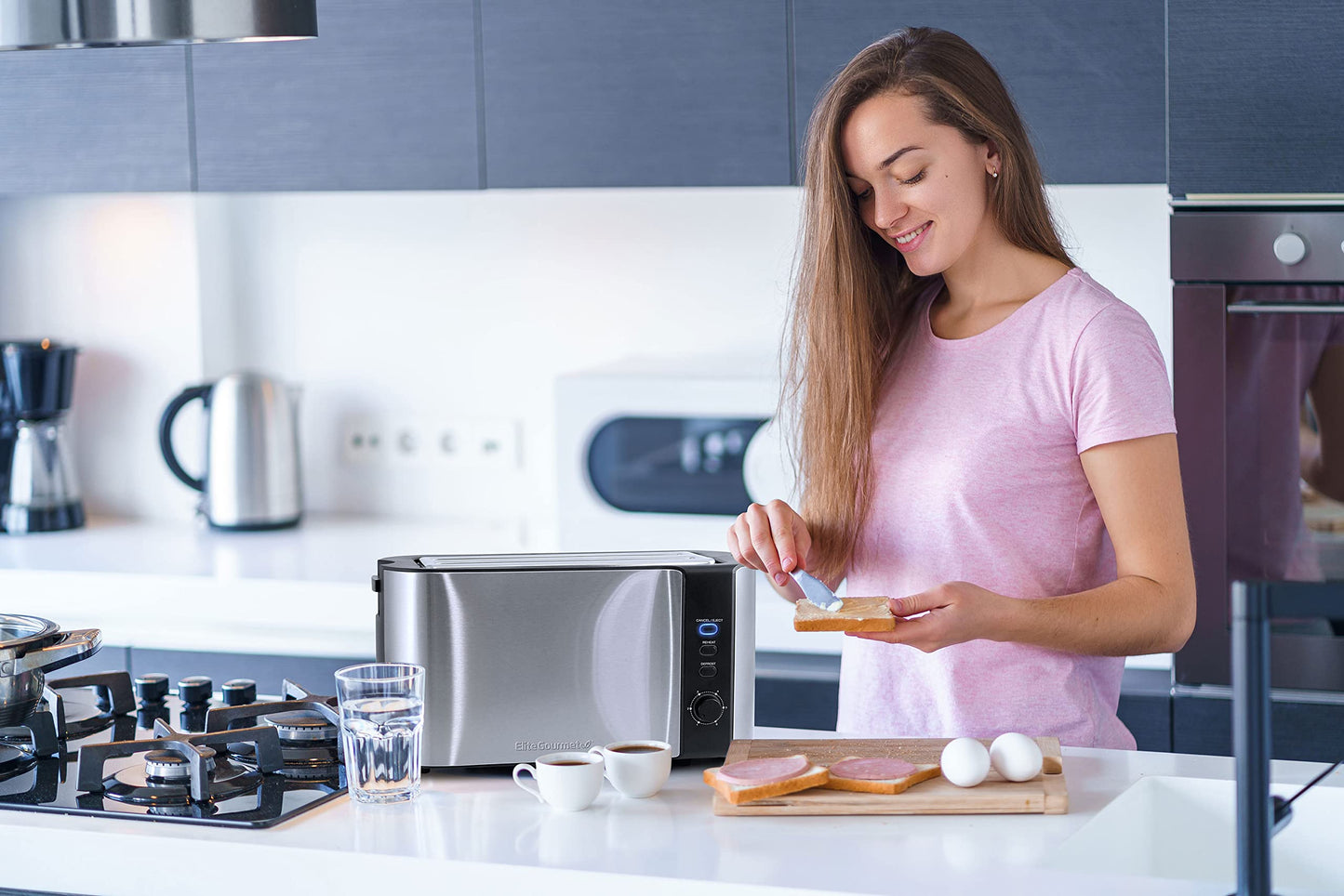 Elite Gourmet - Tostadora Ect-3100 Con Ranura Larga, Recalentadora, 6 Ajustes De Tostadas