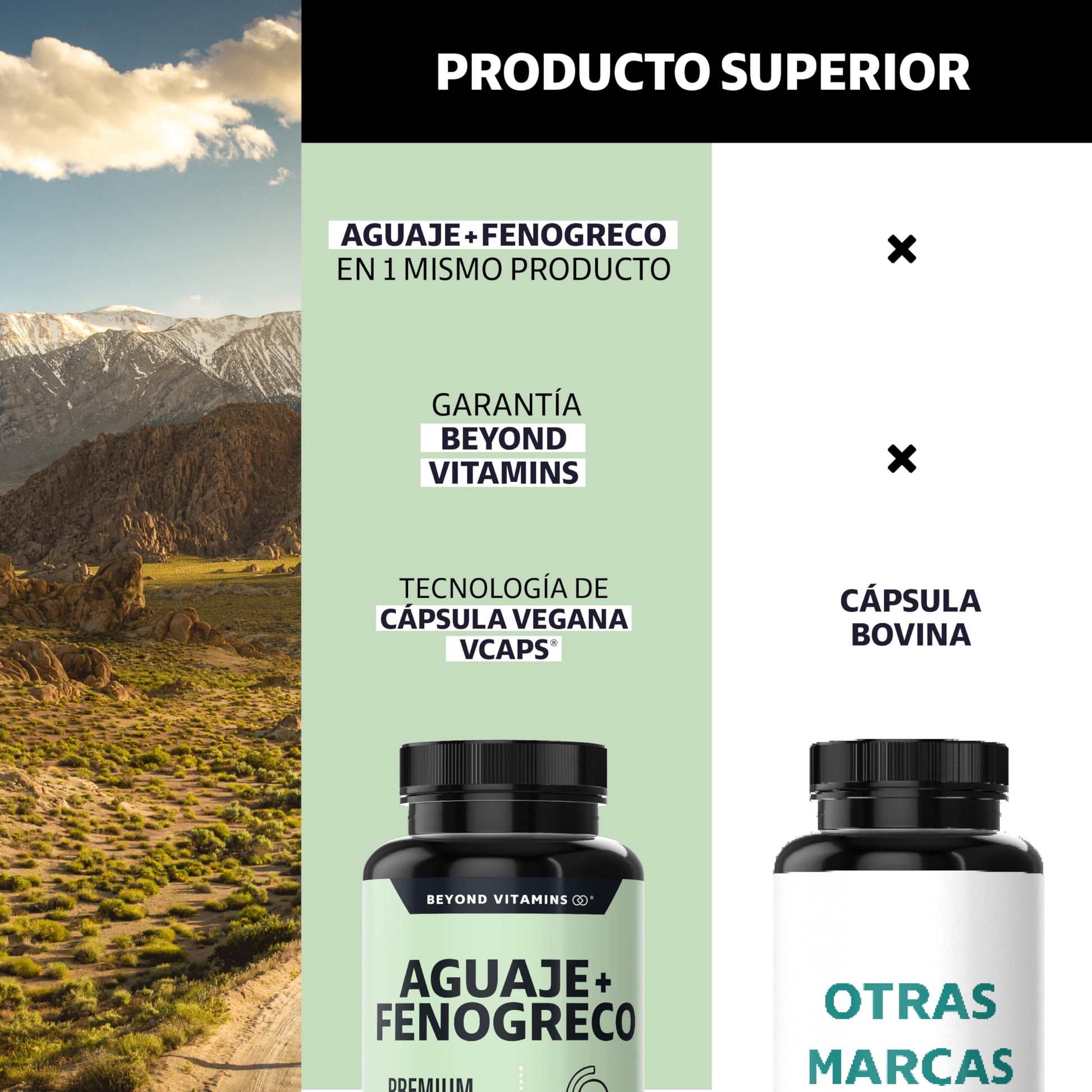 Beyond Vitamins | Aguaje + Fenogreco 1000mg Premium | Con tecnología VCaps de Cápsula vegana | 60 cápsulas