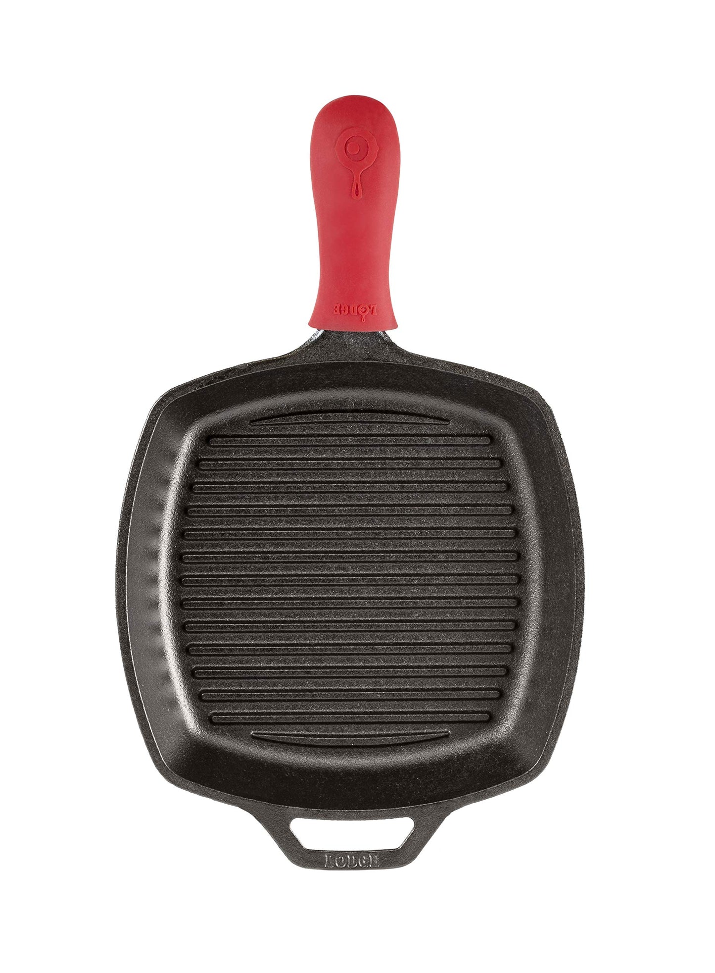Lodge L8SGP3ASHH41B Sartén Cuadrado de Hierro Forjado para Parrilla, con Agarradera para Calor de Silicona Roja, 26 cm