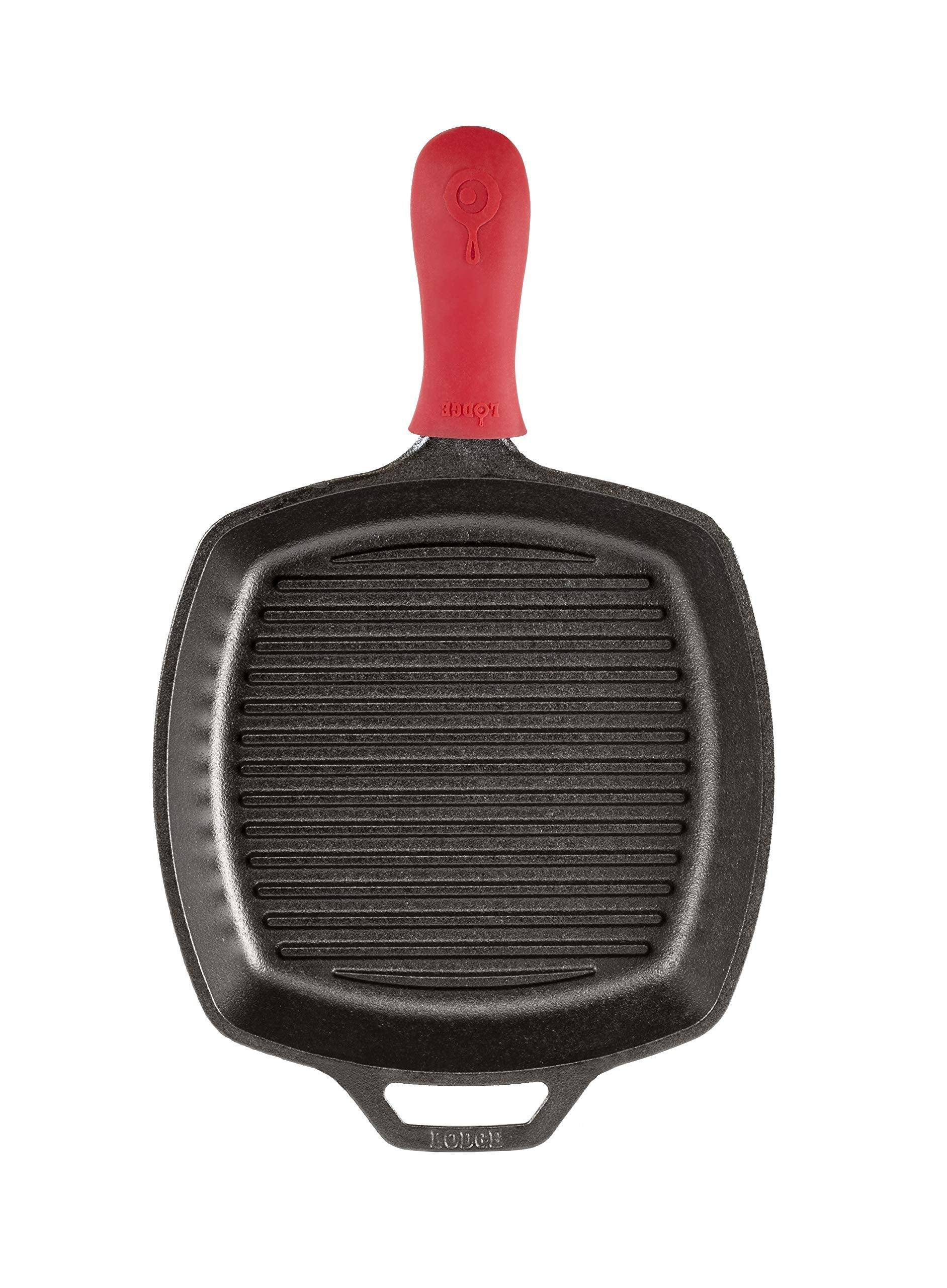 Lodge L8SGP3ASHH41B Sartén Cuadrado de Hierro Forjado para Parrilla, con Agarradera para Calor de Silicona Roja, 26 cm