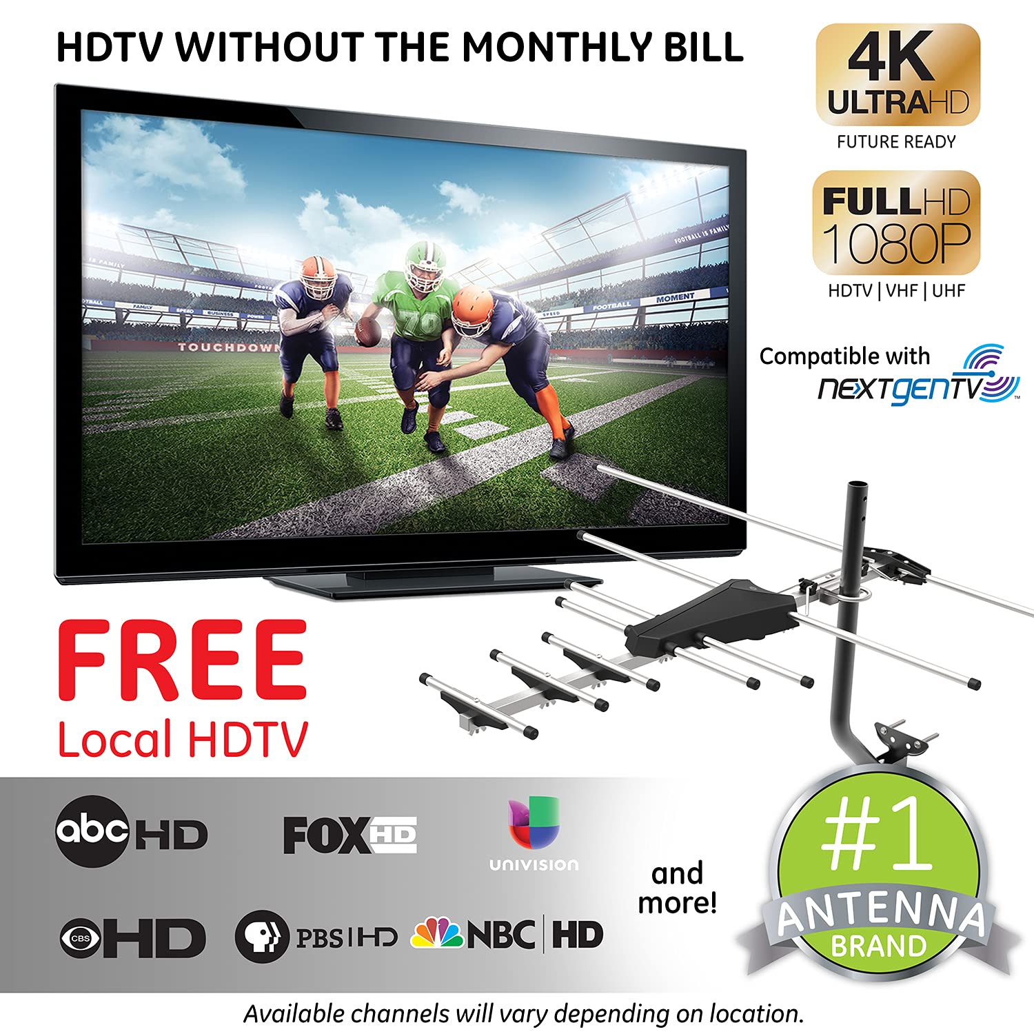 GE Outdoor HD Antena de TV Digital, Antena OTA HDTV de Largo Alcance, diseño Estilo Yagi, soporta 4K 1080P HD Smart TV VHF UHF, Montaje J Incluido para ático o Exterior, Resistente a la Intemperie,