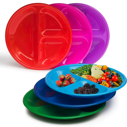 Klickpick Home - Juego de 12 platos divididos con 3 compartimentos para niños, bandejas de plástico para comer con 6 colores brillantes, 2 de cada color, aptos para lavaplatos y microondas, sin BPA