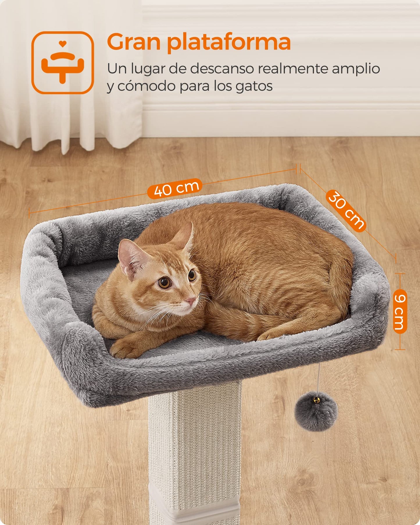 Feandrea Rascador para Gatos, Árbol para Gatos, Altura de 68 cm, Poste de Rascado con Plataforma, Poste de Sisal, con Pompón, Gris Claro MPCA022W01
