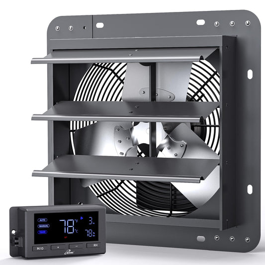iLiving - Ventilador de escape de obturador montado en la pared, obturador automático, controles de temperatura y humedad con velocidad variable, 960 CFM a 1600 RPM DC Motor