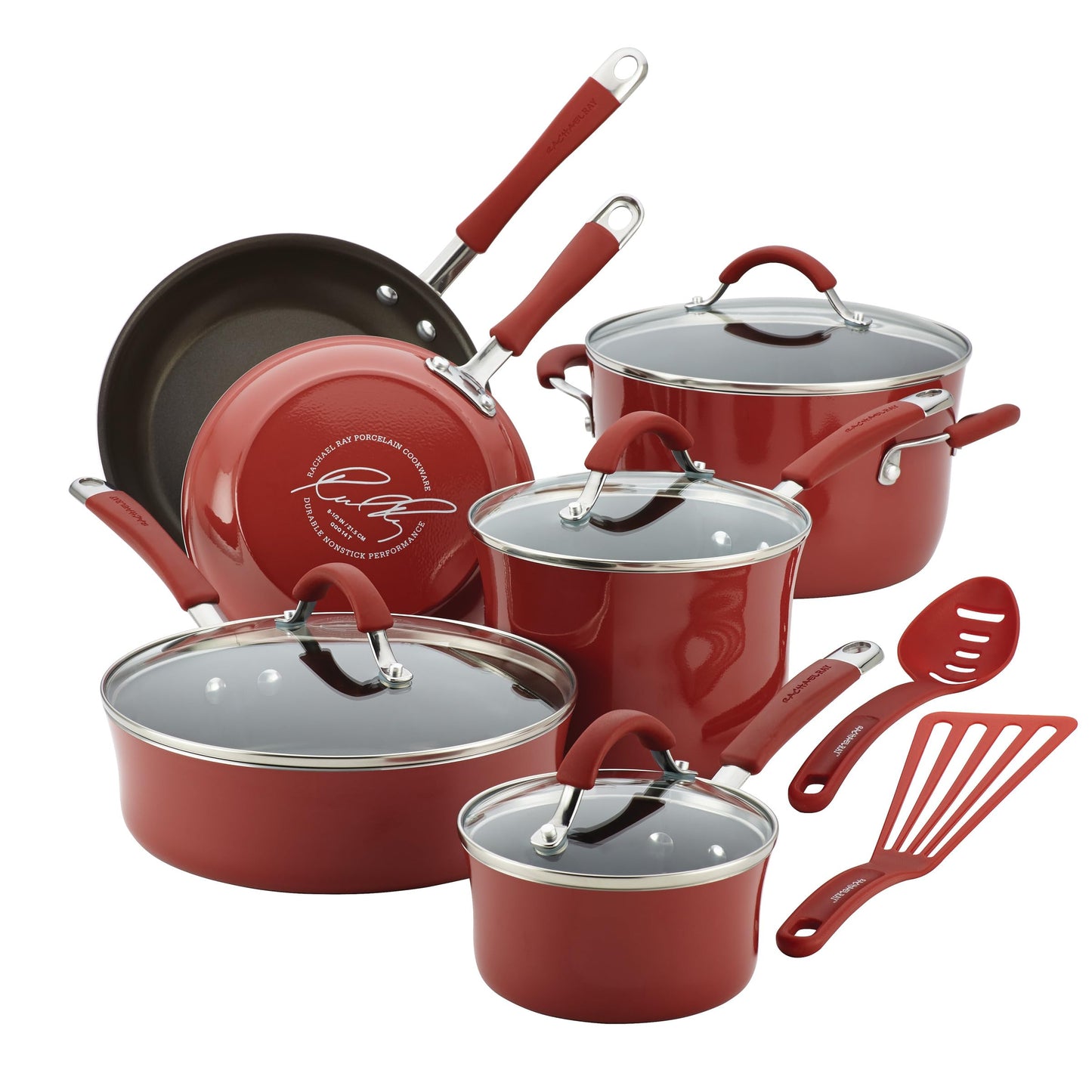 Batería de Cocina Rachael Ray Rojo Pálido Porcelana Dura Antiadhesiva 12 Piezas