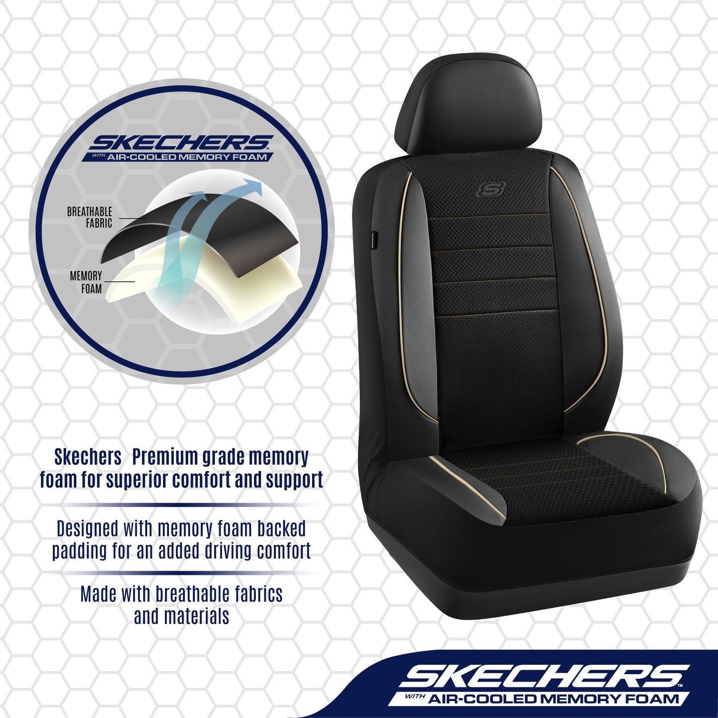 Skechers Memory Foam - Juego completo de fundas protectoras de asiento de piel, malla Air Cool, gruesas, compatibles con bolsas de aire, cómodas, para la mayoría de vehículos, beige