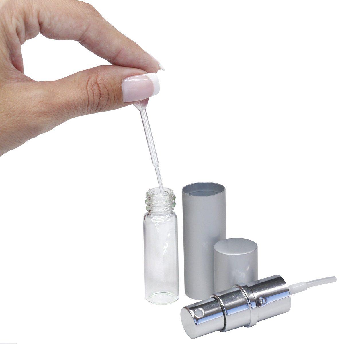 L'AUTRE PEAU - Atomizadores recargables de perfume y colonia de niebla fina con exterior metálico e interior de vidrio, tamaño de viaje portátil de 5 ml, pipeta de transferencia de compresión de 3 ml
