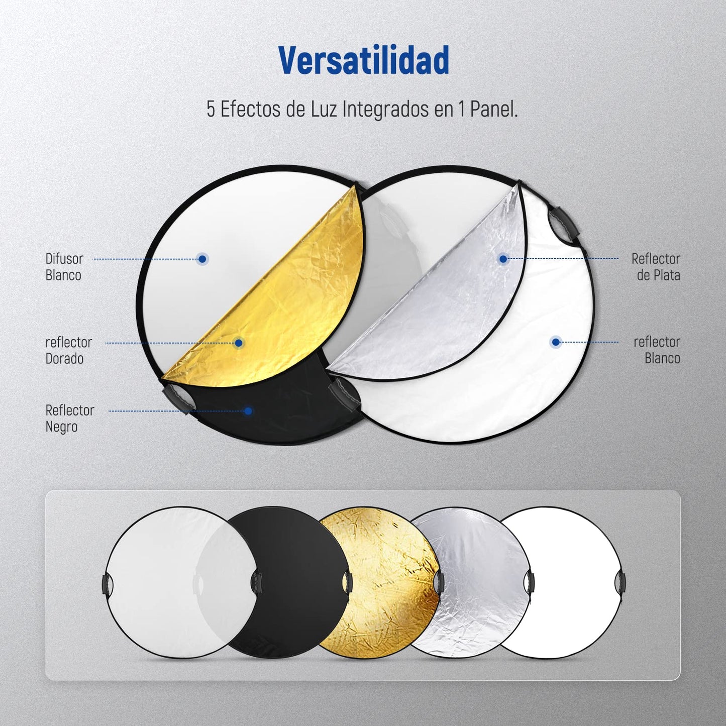 NEEWER Reflector de Luz de 32"/80cm con Empuñadura Rosca 3/8", Difusor de Luz de Disco Plegable 5 en 1 Translúcido/Plateado/Dorado/Blanco/Negro para Iluminación Fotográfica, para Exteriores, RF-110II
