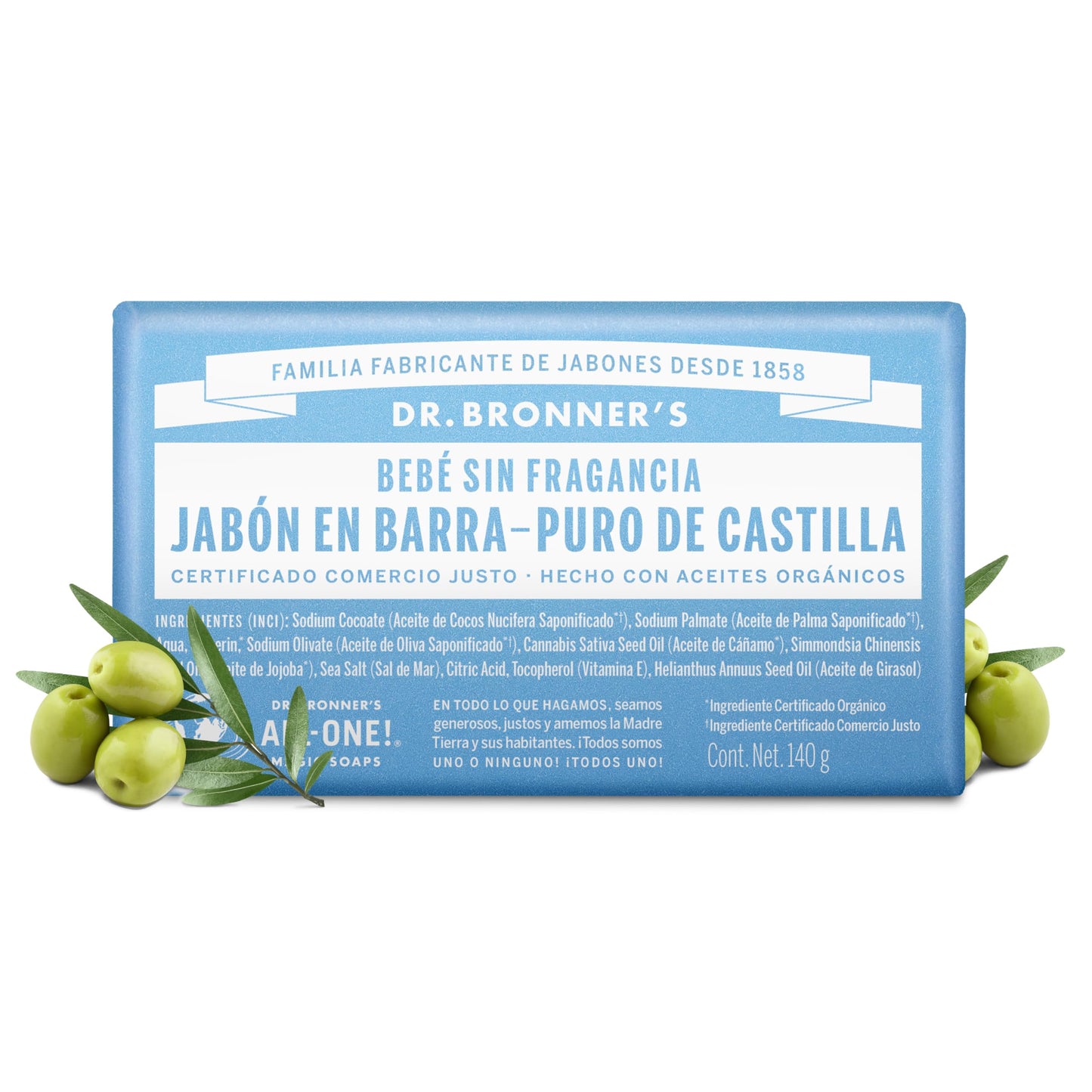 Dr. Bronner's | Jabón de castilla orgánico en barra, fórmula concentrada, suavidad pura y cuidado para piel sensible, sin aceite esencial, aroma Sin Aroma (3 pack)