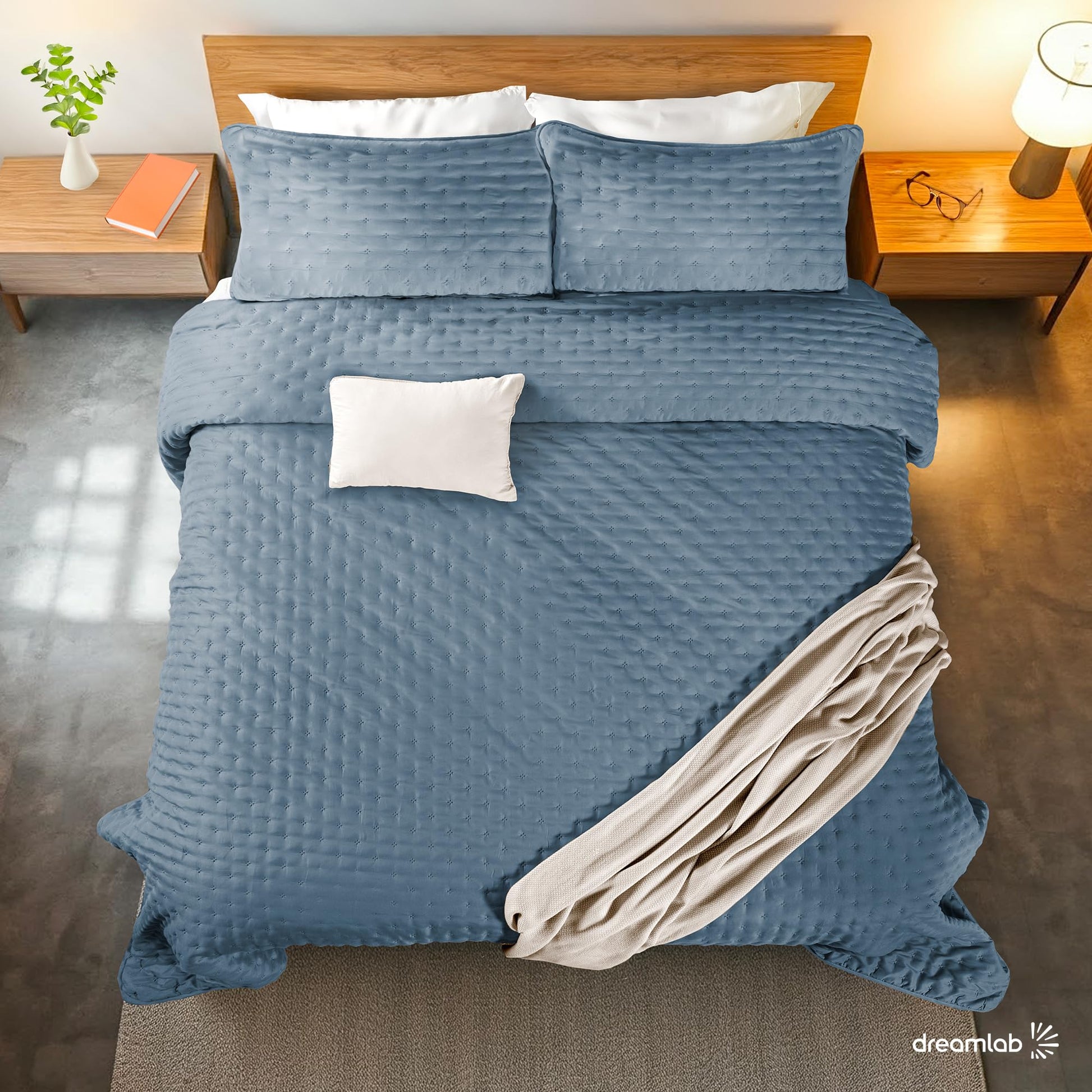 Colcha Dreamlab Azul Mezclilla Capitonado Ultra Suave King Size para Todas las Estaciones