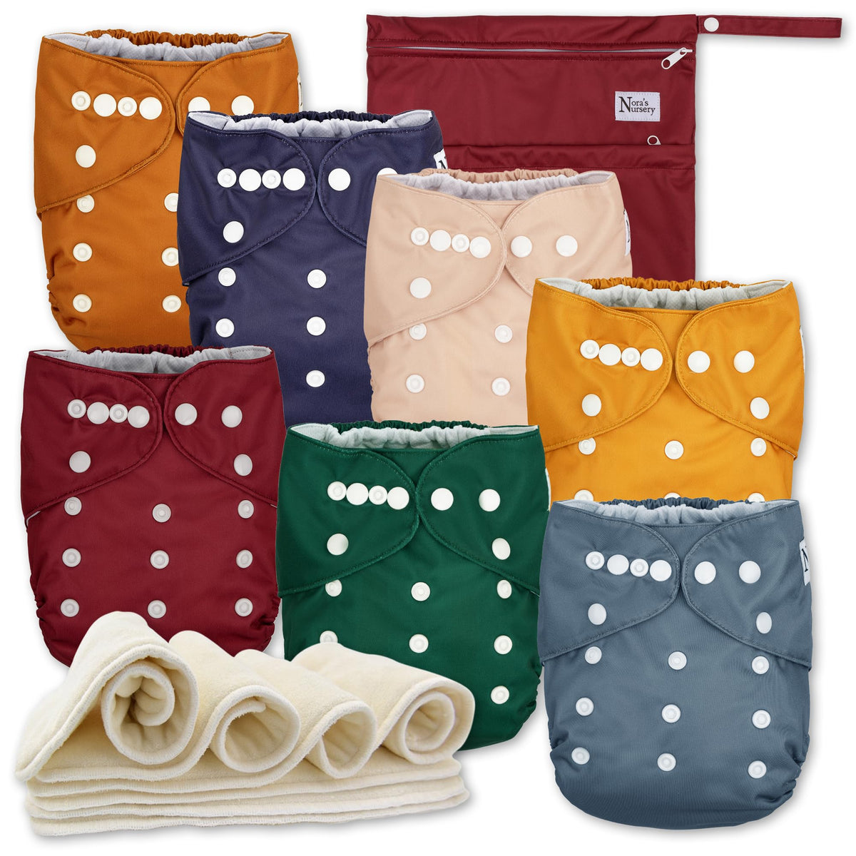 Nora's Nursery AWJ - Paquete de 7 pañales de tela con 1 bolsa húmeda, funda impermeable, lavable, reutilizable y de tamaño único para recién nacidos y niños pequeños - Pacific Neutrals