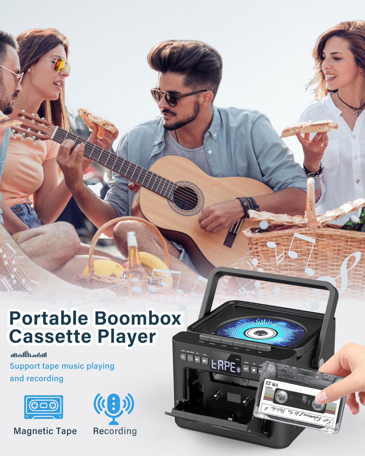 Boombox - Reproductor de CD de casete Bluetooth5.1 con batería de 5000 mAh, altavoces estéreo duales de 5 W, reproductor de CD recargable con radio FM, control remoto, grabación de cinta, conector de