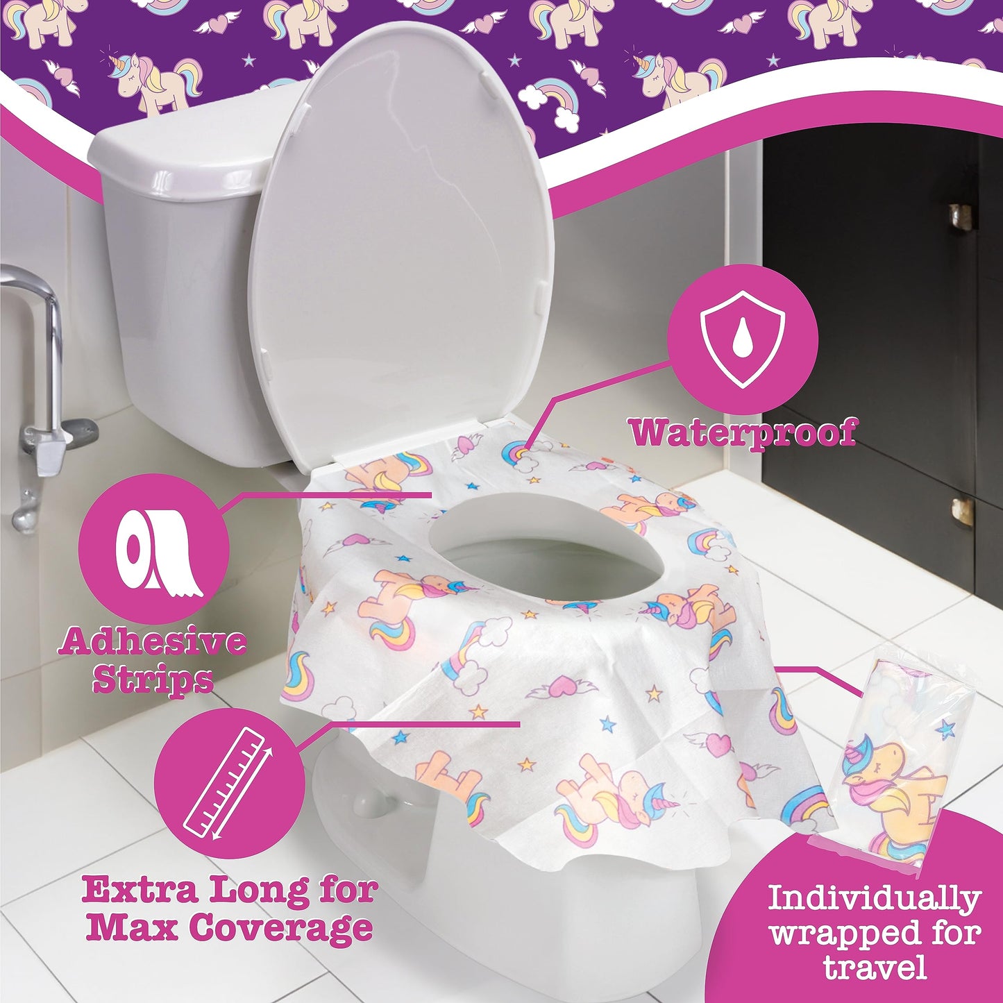 Fundas desechables para asiento de inodoros, para niños y adultos, en paquete individual, para viajes, entrenamiento para ir al baño, baños públicos, (12 unidades, unicornios), impermeable XL
