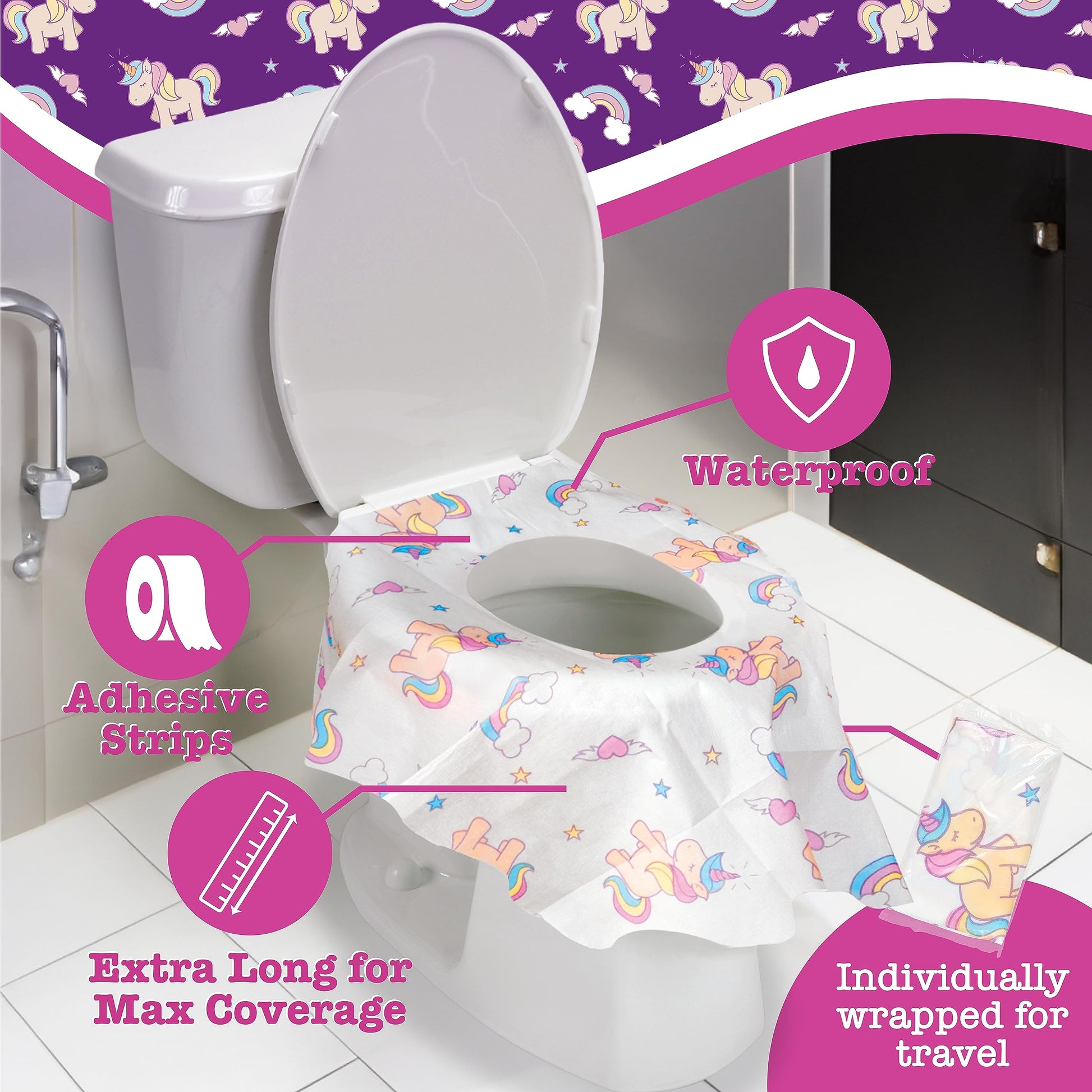 Fundas desechables para asiento de inodoros, para niños y adultos, en paquete individual, para viajes, entrenamiento para ir al baño, baños públicos, (12 unidades, unicornios), impermeable XL