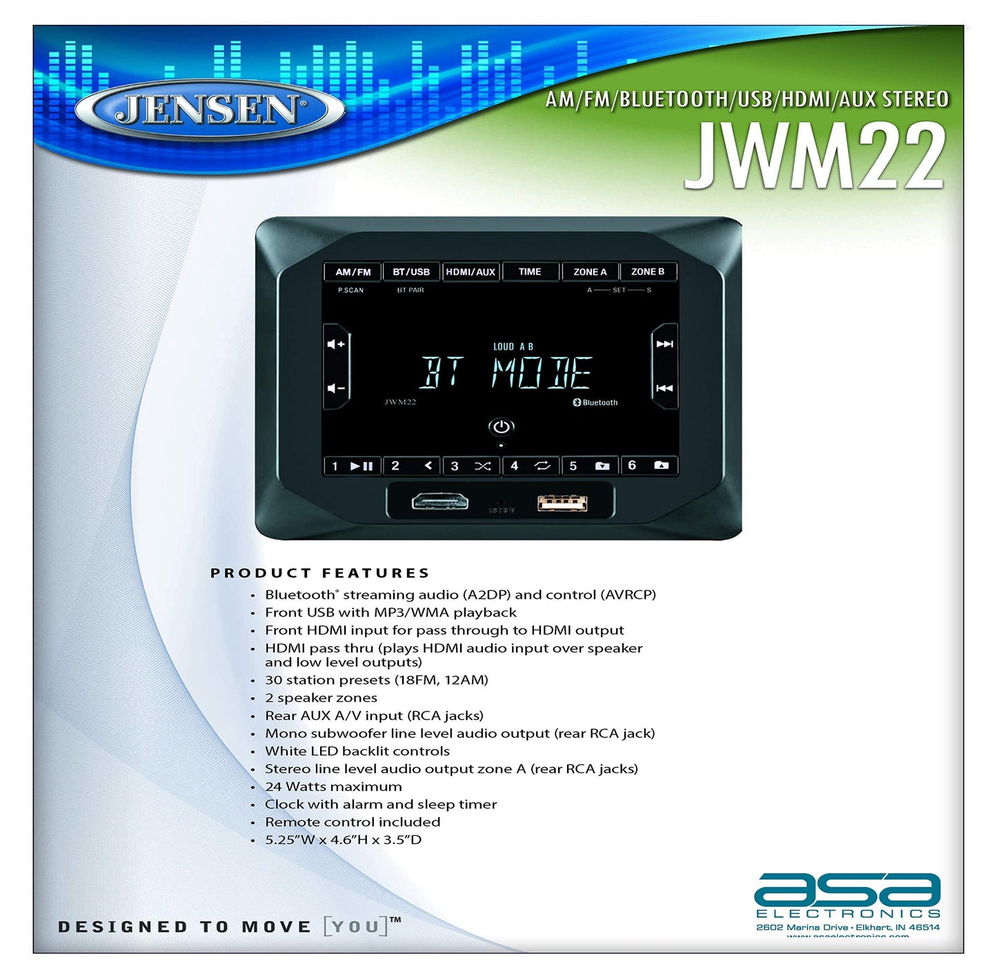 Jensen JWM22 - Altavoces Montaje en pared estéreo, 4X 6 W, 30 presets de estación (18FM/12AM), Bluetooth (A2DP) y controles (AVRCP), Negro
