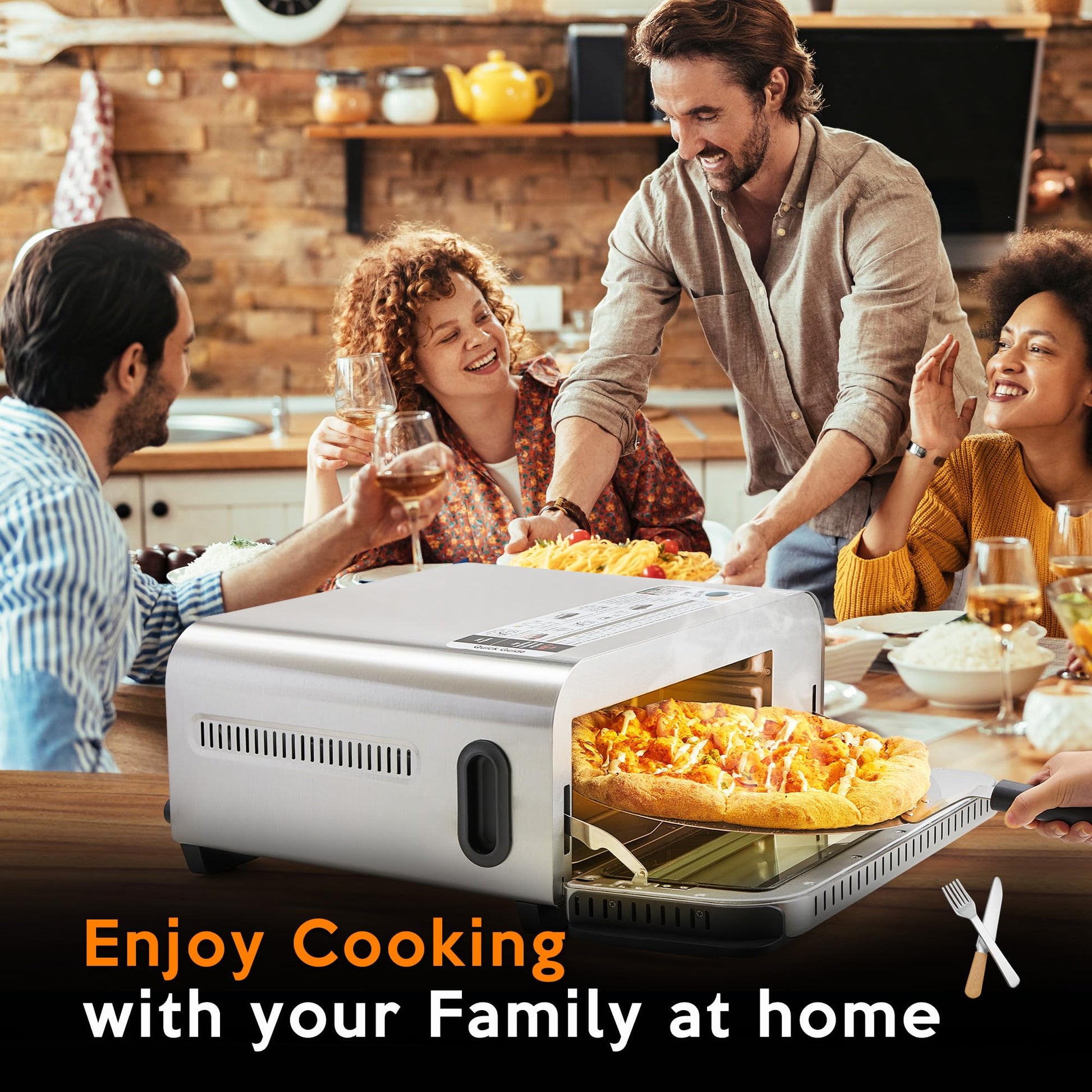 Horno eléctrico de pizza para interiores calienta hasta 1000 °F, hace pizzas de 12 pulgadas en minutos, horno de encimera con 15 funciones y 10 accesorios para múltiples funciones, acero inoxidable