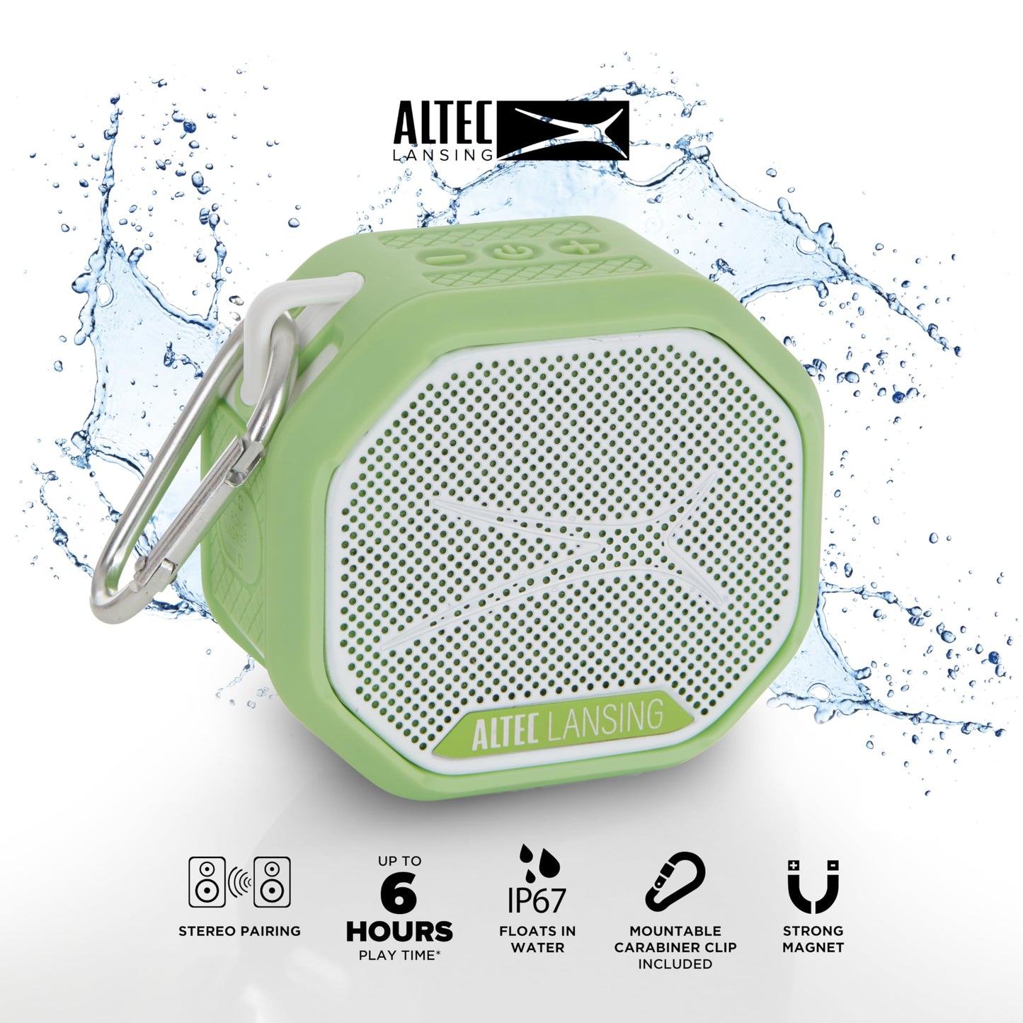 Altec Lansing HYDRATREK - Altavoz magnético Bluetooth, Impermeable IP67, Altavoz portátil, emparejamiento inalámbrico Verdadero, Carga rápida USB-C, batería de 3.7 V 400 mAh, Asistente de Voz,