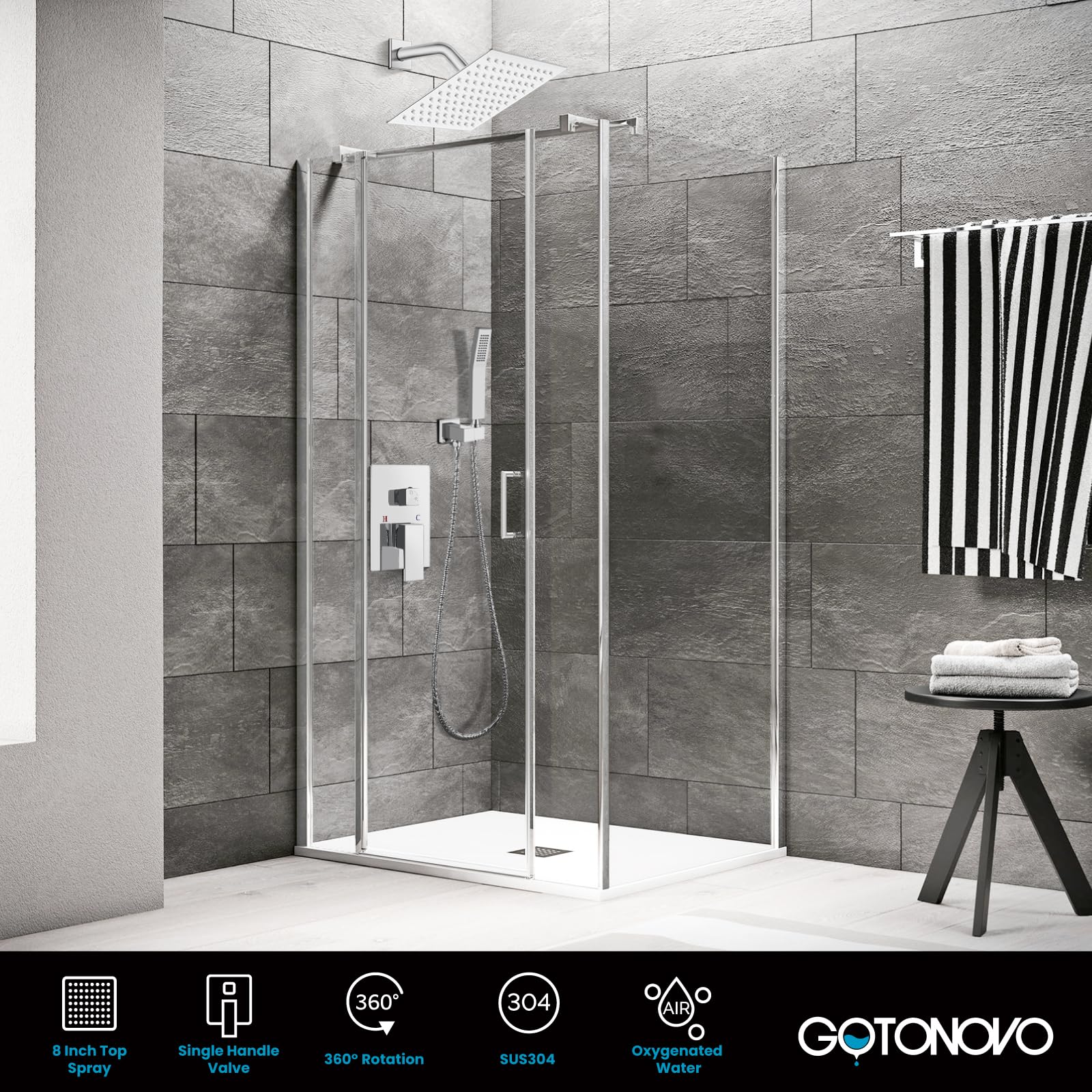 gotonovo - Sistema de ducha de lluvia para baño, cabezal de ducha y asa, juego de ducha montado en la pared, conjunto completo de latón macizo con equilibrio de presión, válvula mezcladora de ducha de