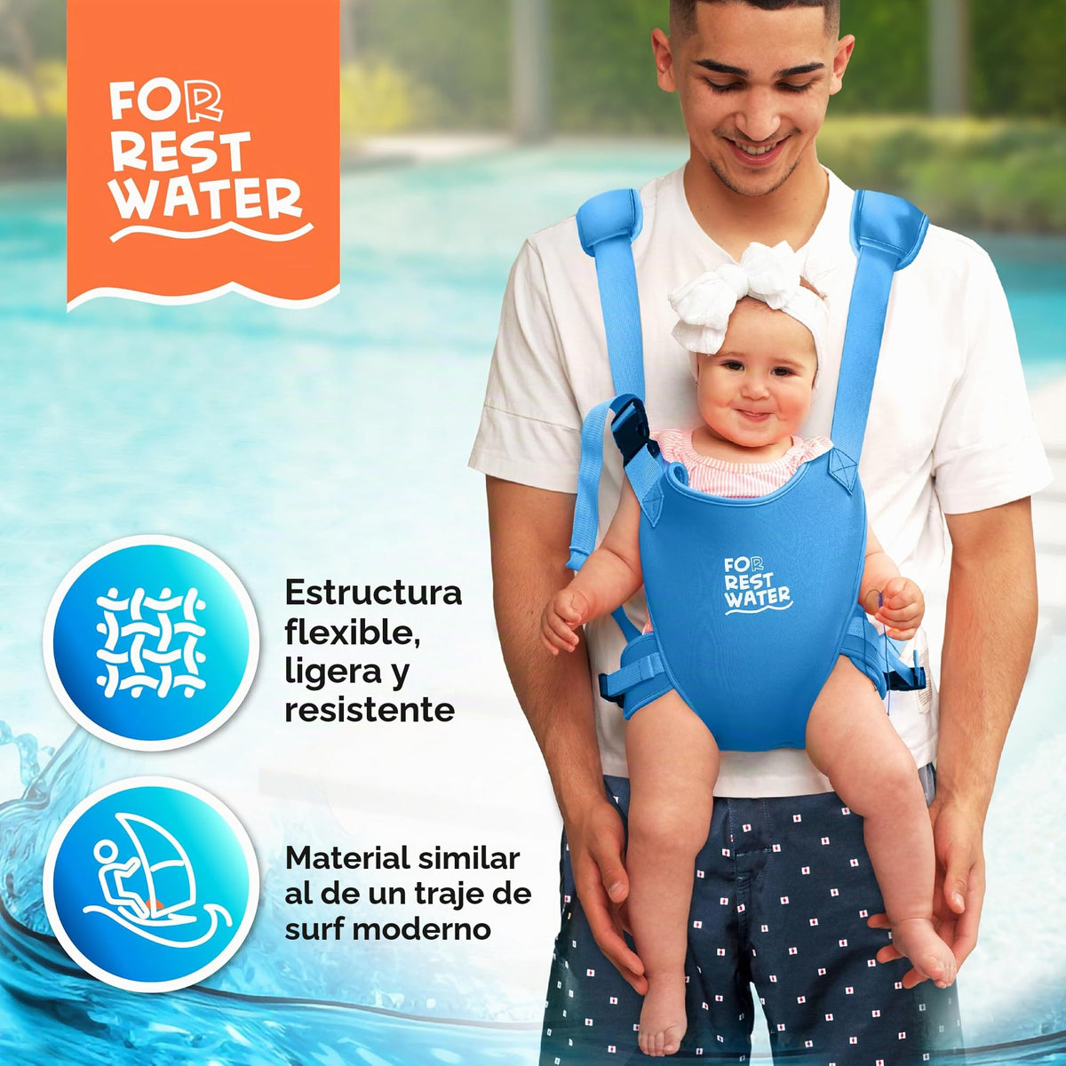 Portabebés para agua de descanso – Eslinga ergonómica de neopreno de alta calidad para diversión en agua y tierra cálida y segura (4-24 meses) – Arnés ajustable para bebés y niños pequeños (Blue)