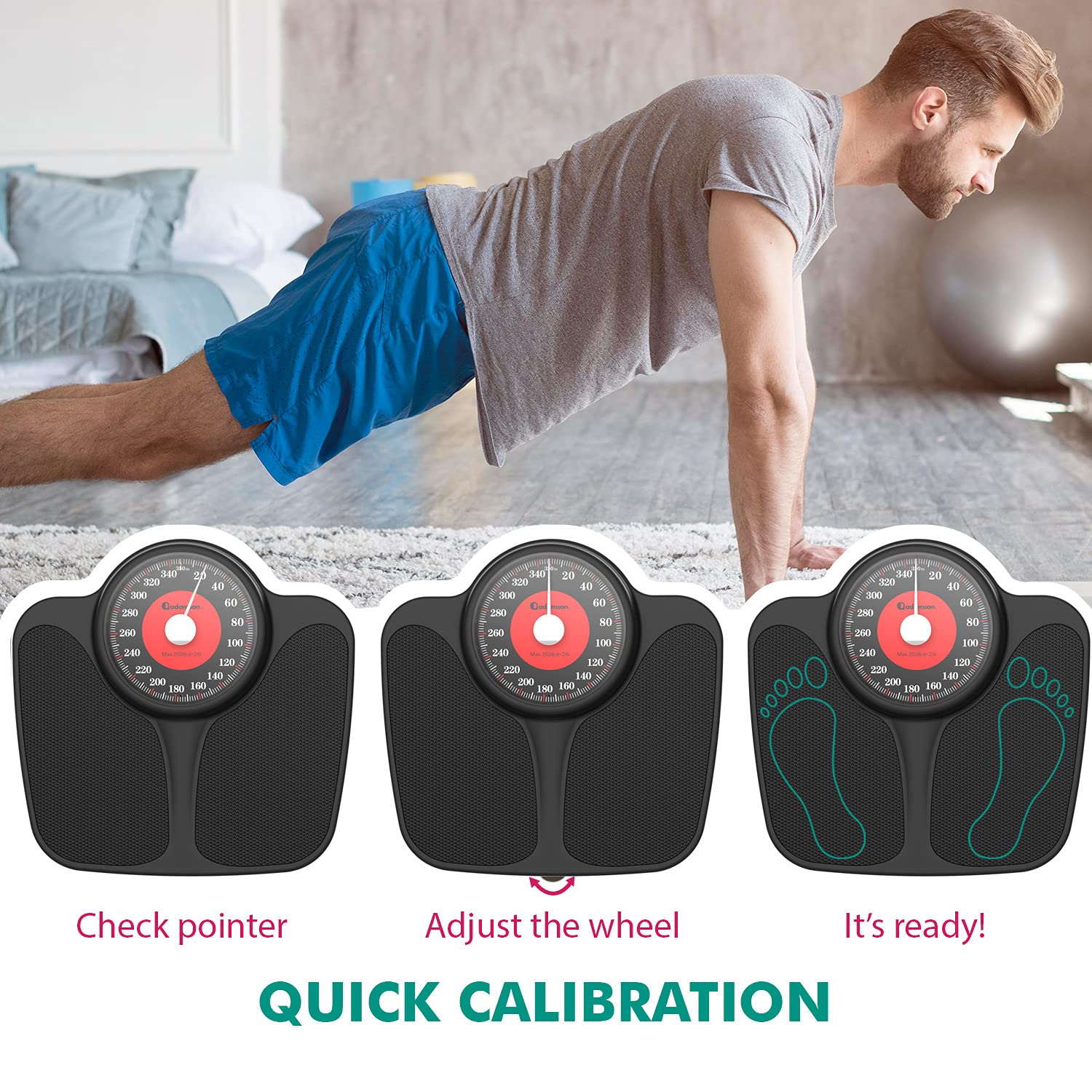Adamson - Báscula A23 para peso corporal, hasta 350 libras, nueva versión, superficie de goma antideslizante, números extra grandes, báscula de baño de alta precisión, analógica, duradera con garantía