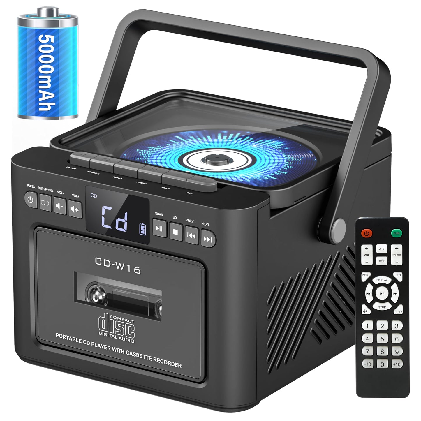 Boombox - Reproductor de CD de casete Bluetooth5.1 con batería de 5000 mAh, altavoces estéreo duales de 5 W, reproductor de CD recargable con radio FM, control remoto, grabación de cinta, conector de