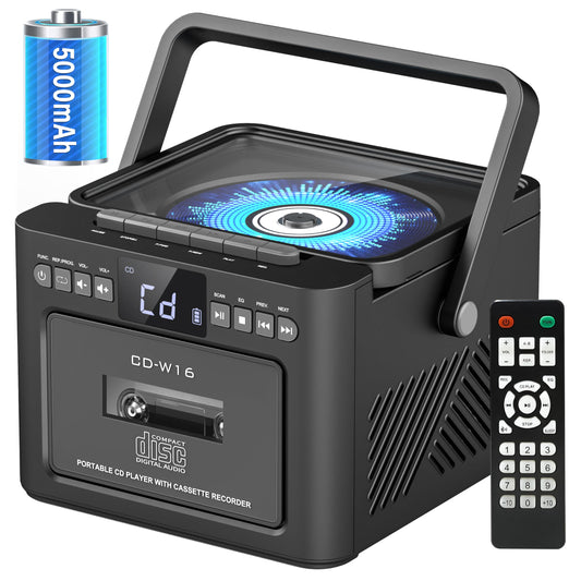 Boombox - Reproductor de CD de casete Bluetooth5.1 con batería de 5000 mAh, altavoces estéreo duales de 5 W, reproductor de CD recargable con radio FM, control remoto, grabación de cinta, conector de