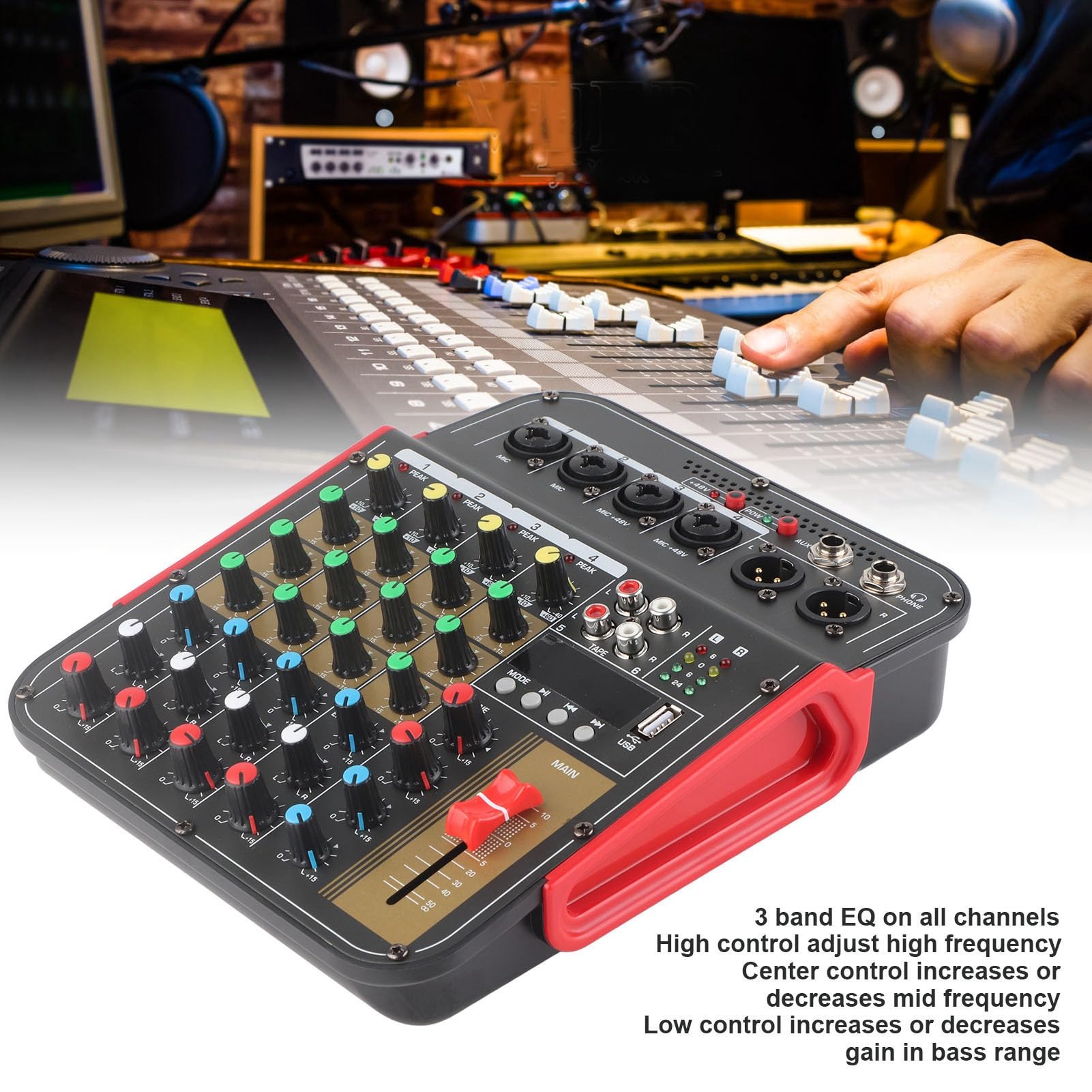 Mesa de Mezcla YYQTGG Metal 4 Canales Profesional con Controlador de Volumen MP3 y Ecualizador 3 Bandas