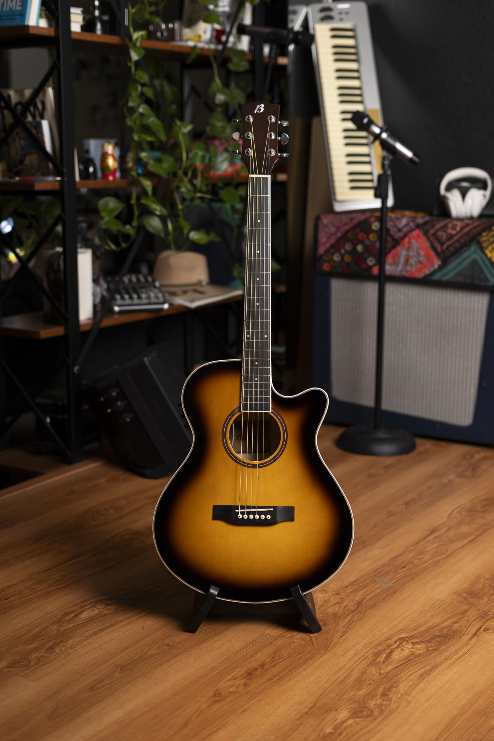 BAMBOO, Guitarra Electroacustica Sunburst, Linden 40" - Incluye Funda - Guitarra Acustica con corte y equalizador para principiantes.