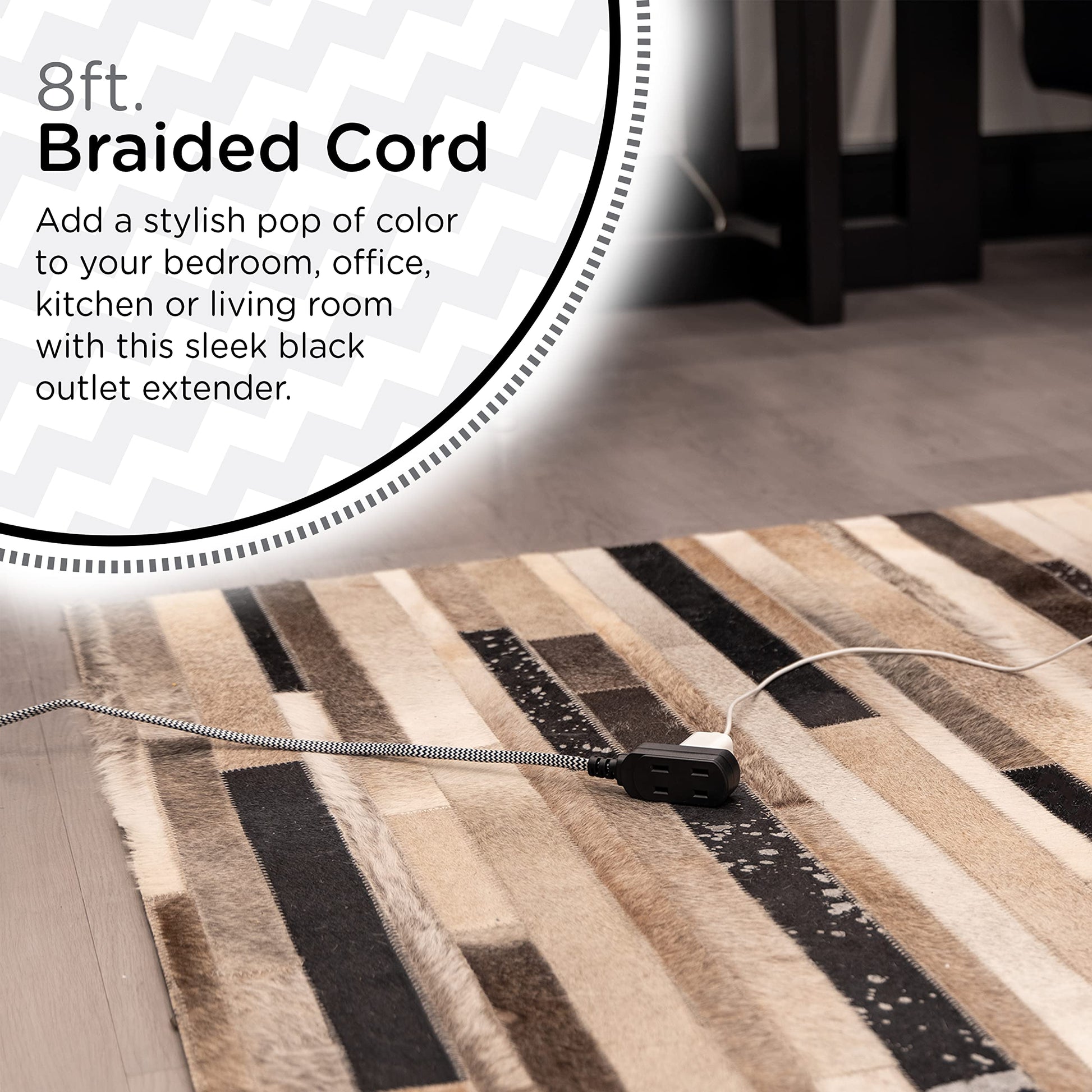 Cordinate Designer, Extension Electrica de 3 salidas polarizadas, Cable Trenzado de 2.4 m (8 pies), Sistema de Seguridad para Trabar, Enchufe Plano, Certificacion ETL, Blanco/Negro, 1 paquete, 39984