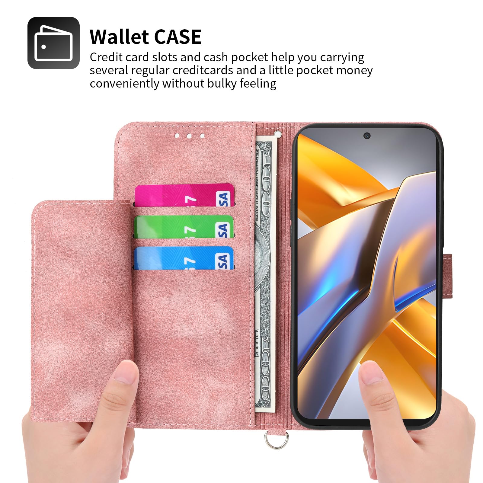 Auslbin Funda para Xiaomi Poco M5S 4G 6.43"/Poco M5S /Note 10/10S 4G Case Ranura de 5 Tarjetas con función de Soporte y cordón Cover Movil Protectora de Cuero PU Carcasa Rosa