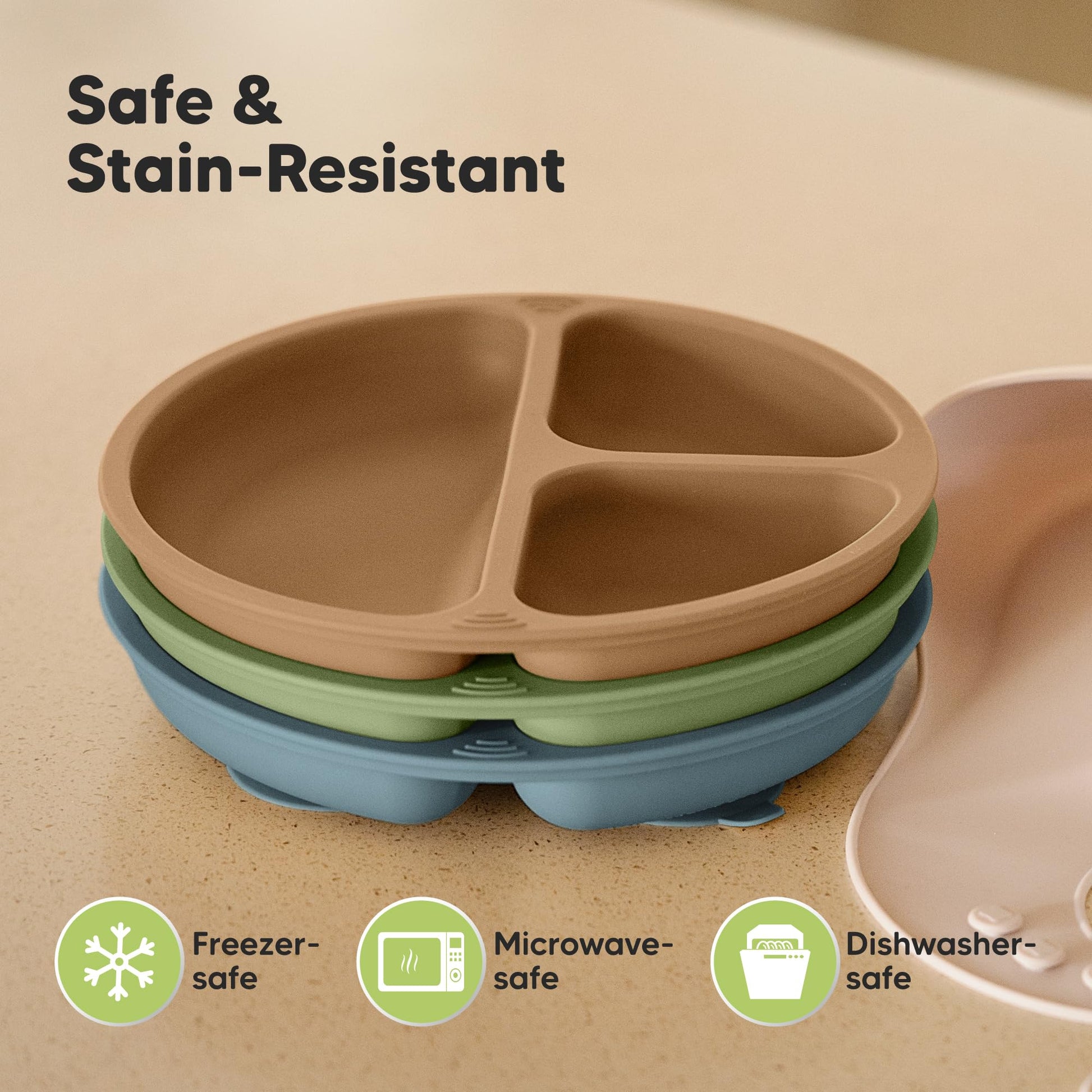 KeaBabies Platos infantiles para bebé, 3 unidades, 100% silicona, con ventosa, platos para niños divididos con división, placas de silicona para bebé, sin BPA, aptos para microondas (desierto)