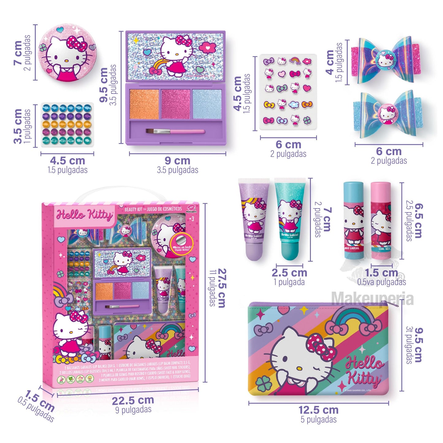 MAKEUPERIA Maquillaje para Niñas de Hello Kitty, Set de Maquillaje Infantil Lavable con Bálsamos, Brillos, Paleta con Brocha, Clips, Espejo y Bolsa de PVC, Regalo Seguro y Adorable