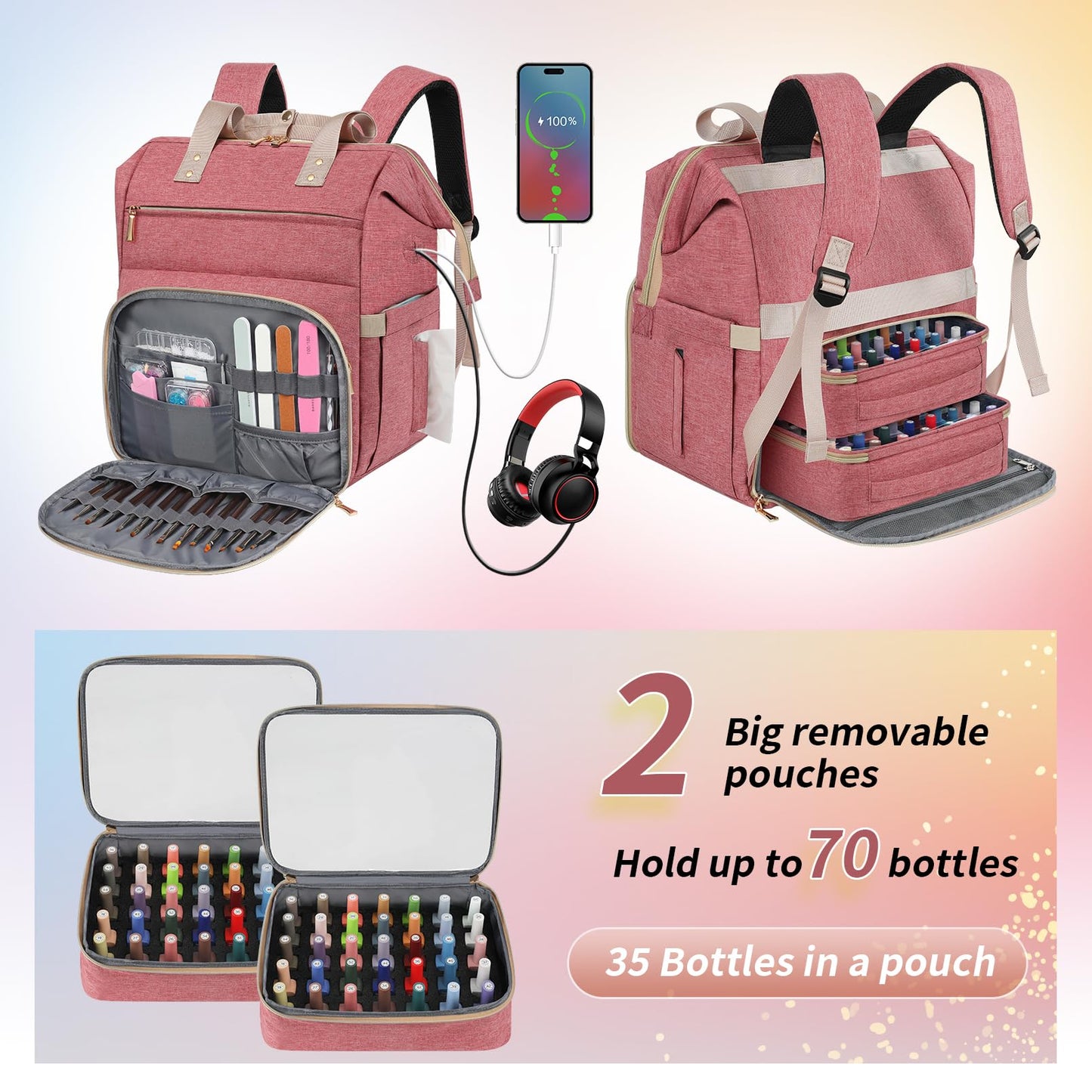 LTINVECK - Funda organizadora de esmalte de uñas con capacidad para 70 botellas y lámpara de uñas, 2 capas desmontables, kit de suministros de uñas, Rosado, Viajes