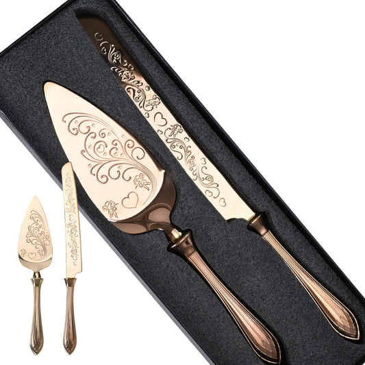 KSENDALO - Juego de cuchillos y servidores para tartas de boda, juego de corte de pasteles de oro rosa para boda, juego de cuchillos y servidores de pasteles de acero inoxidable SUS304 para bodas,