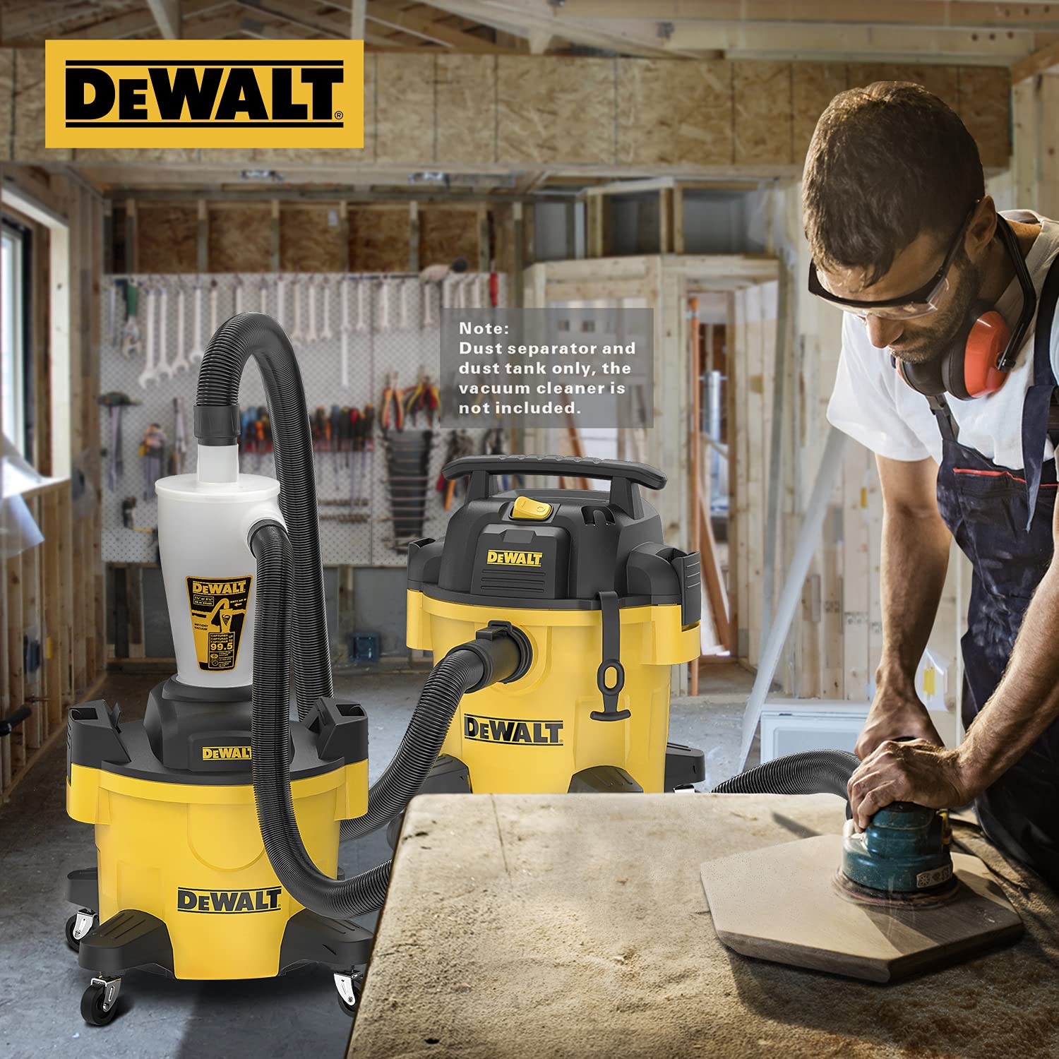 DEWALT Separador de Polvo con Tanque de Polietileno de 6 galones, colector de Polvo ciclón de eficiencia 99.5%, Filtro colector de Polvo de Ciclo de Alto Rendimiento, DXVCS002, Amarillo