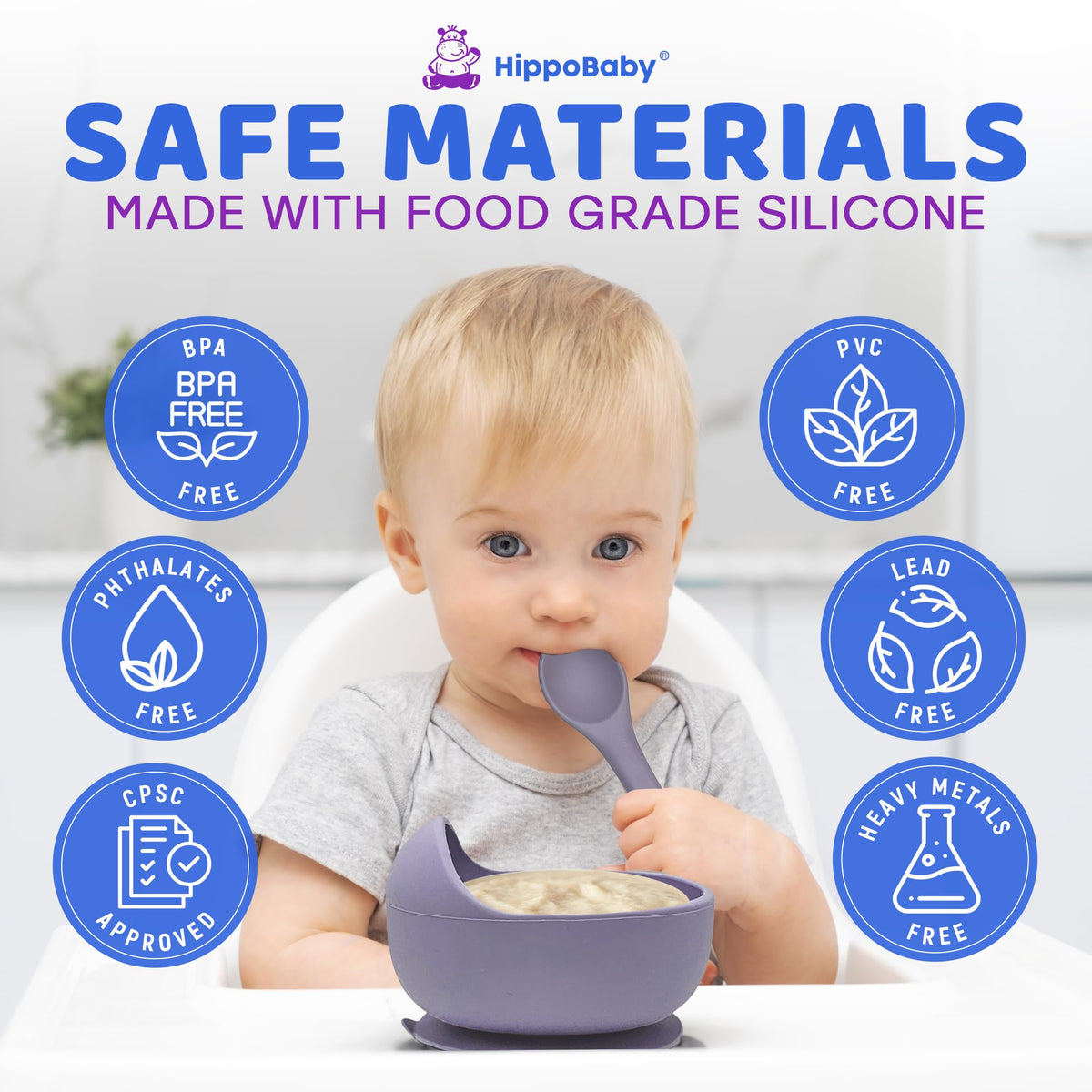 HippoBaby Suministros para Alimentación Guiada del Bebé | Juego de Alimentación de Silicona de 10 Piezas | Juego de Vajilla para Bebé y Niño Pequeño con Babero, Taza, Plato Dividido y Cuenco