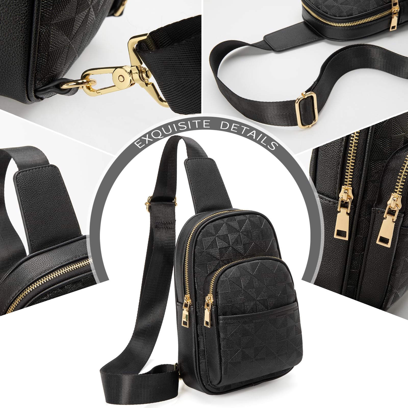 Anck Riñonera Bandolera para Mujer, Bolso Pequeño en el Pecho, Diseño a Cuadros, 996-G-YH-Negro, Estilo Casual, Moda Relajada