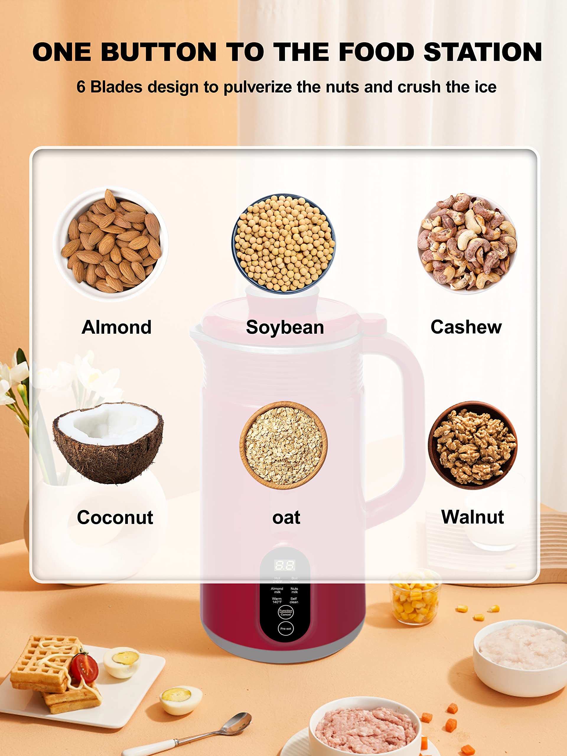 GENIUSLIX Máquina automática para hacer leche de nueces para leche casera a base de plantas con limpieza automática y control de temperatura, máquina de leche de soja, avena, coco, anacardo, almendra