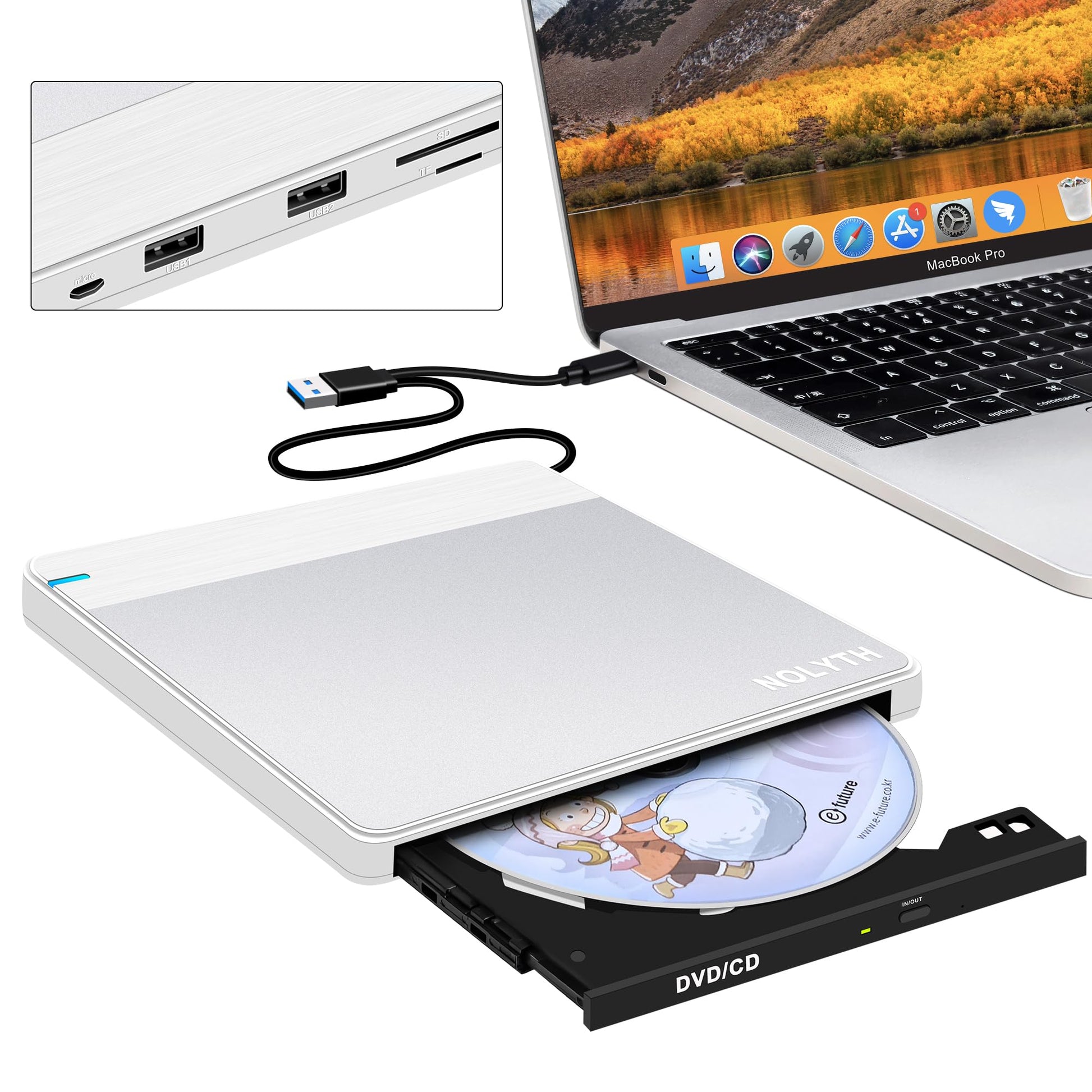 Unidad de CD y DVD Externa NOLYTH Plateado con Grabadora USB y Alta Velocidad
