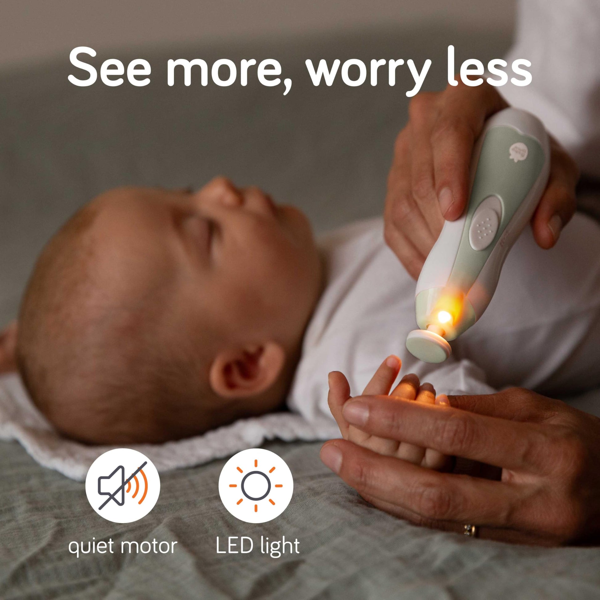Baby Uma - Cortaúñas LED para bebé, cortaúñas de seguridad automática, lima eléctrica bidireccional con 2 velocidades y 6 discos de archivado, esenciales para recién nacidos (+ estuche de viaje)