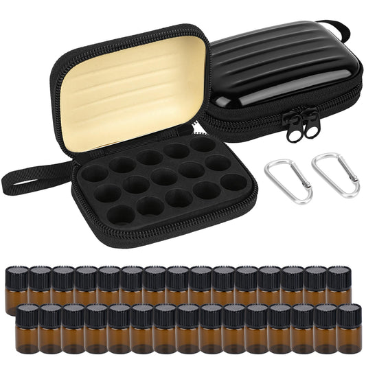 Biiange - 2 mini fundas para botellas de aceite esencial con 30 viales vacíos de 2 ml, caja organizadora de almacenamiento de viaje para aceites esenciales, soporte compacto de aromaterapia para el