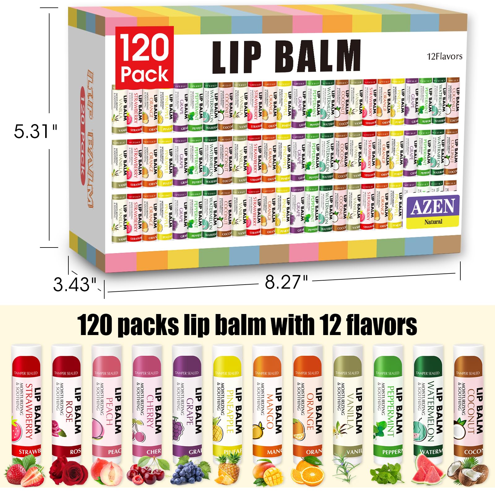 AZEN- Paquete de 120 bálsamos labiales, bálsamo labial natural a granel, producto para el cuidado de los labios, bálsamo labial hidratante para labios secos y agrietados