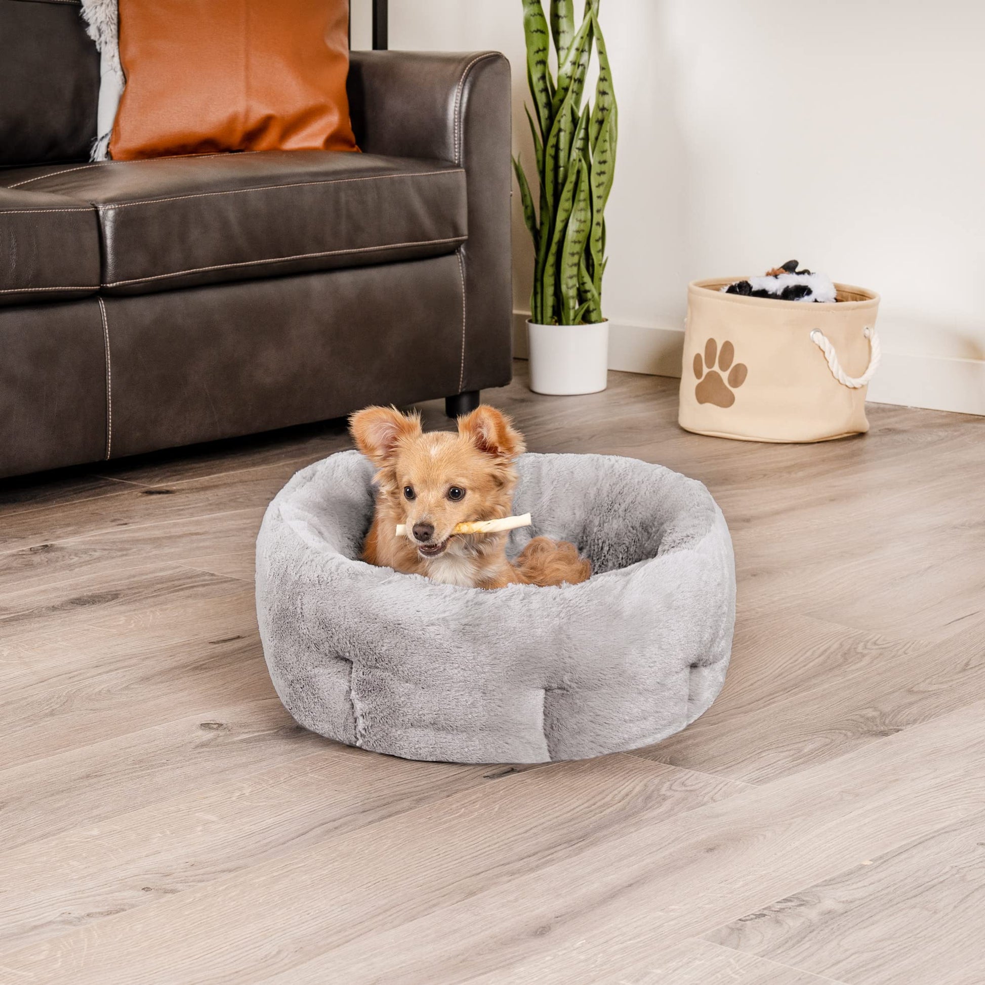 Furhaven 20" Round Small Dog Bed Hi Lo Self-Warming Luxury Plush Faux Fur Cuddler, Washable - Gray, Small