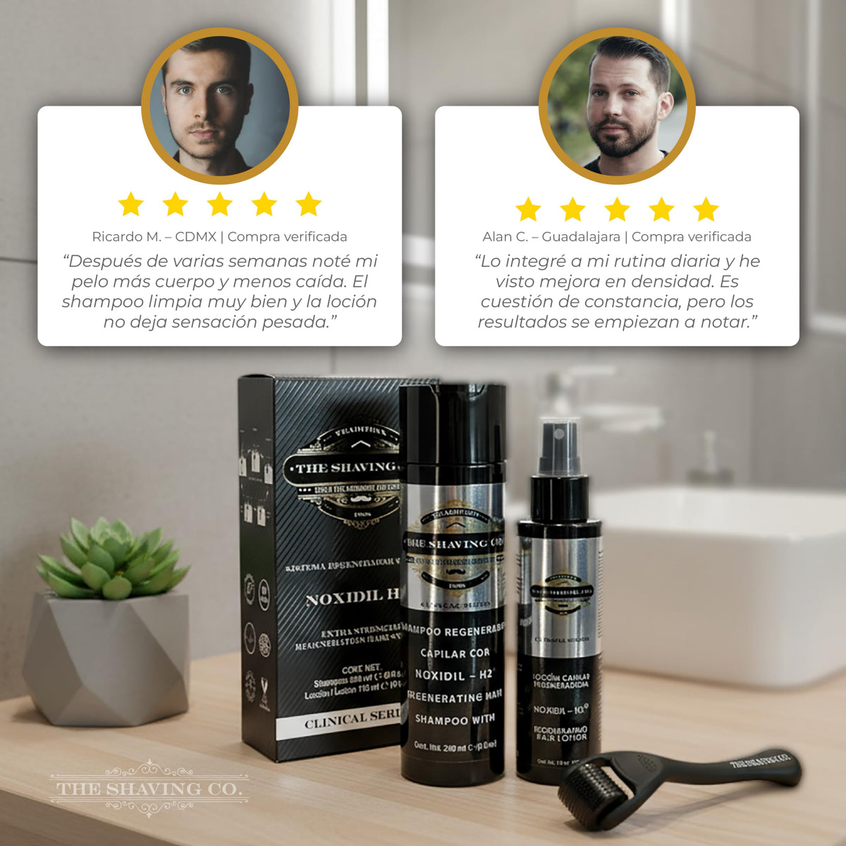 Tratamiento Capilar Integral The Shaving Co. en Negro con Shampoo y Loción Noxidil H2 para Crecimiento de Cabello Unisex