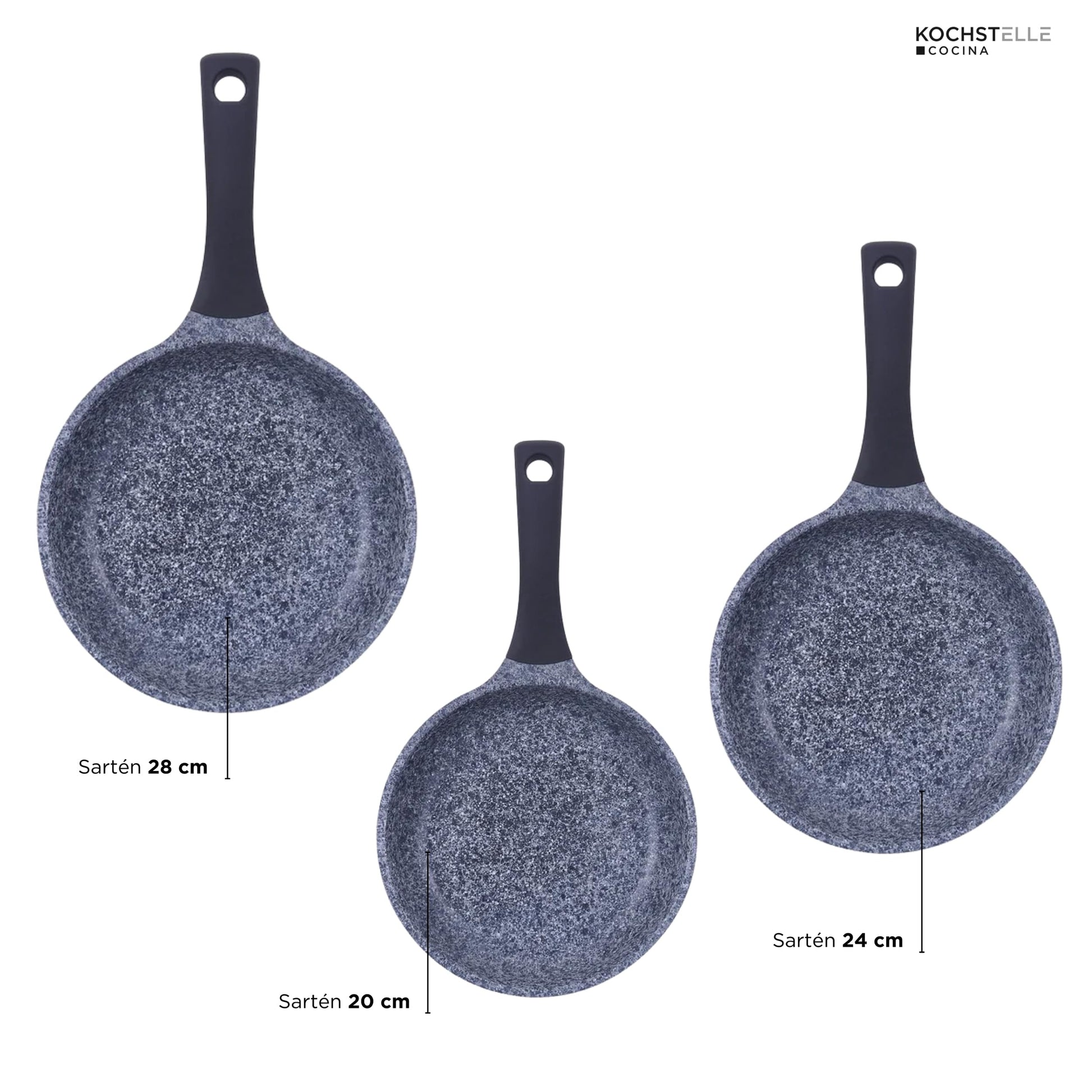 KOCHSTELLE - Set de 3 Sartenes Antiadherentes Marca Kochstelle, Aluminio Inoxidable con Revestimiento de Granito, 20, 24 y 28 cm - Sin Tóxicos, Mango de Silicona, Compatible con Inducción y Gas.