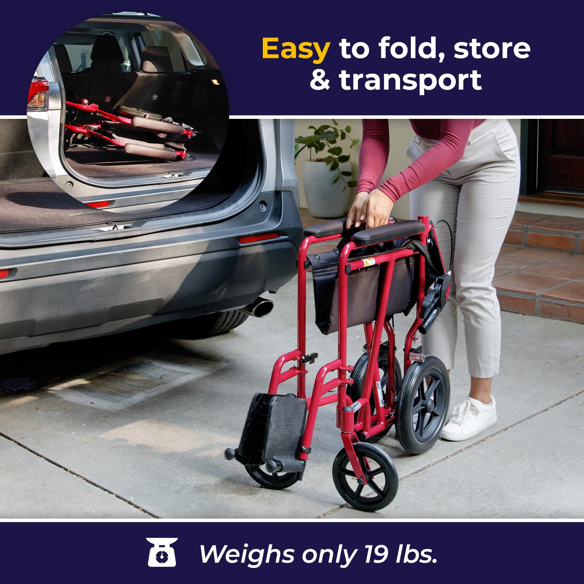 Silla de Ruedas de Transporte Ligera Drive Medical Azul con Frenos Manuales Roja, Tamaño 19