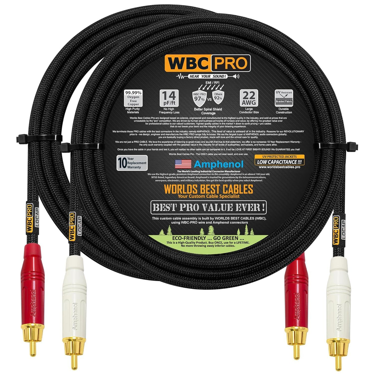 Cables RCA WBC-PRO-LOCAP 10 Pies Baja Capacidad 22 AWG Ultra Silencioso Audiófilo Conectores Amphenol Gold