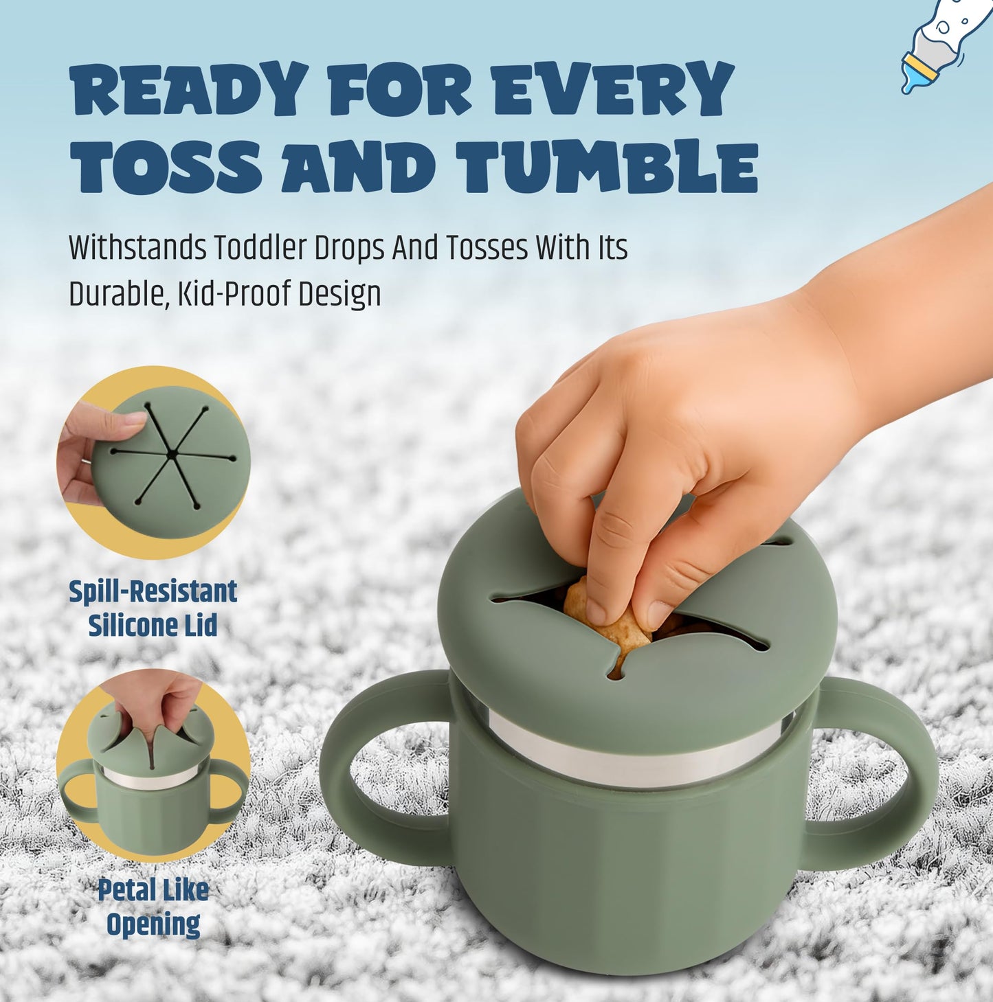 Jumble Dream - Taza de botanas de acero inoxidable para niños pequeños – Contenedor de botanas de silicona a prueba de derrames – Sin BPA, no tóxico, apto para lavaplatos, acero inoxidable de grado