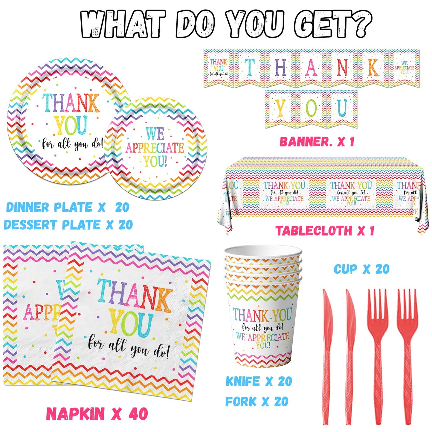 Juego de Platos y Servilletas de Decoración de Fiesta Agradecimiento con Tazas Desechables, Tenedores y Mantel para Empleados, Maestros, Médicos, Padres