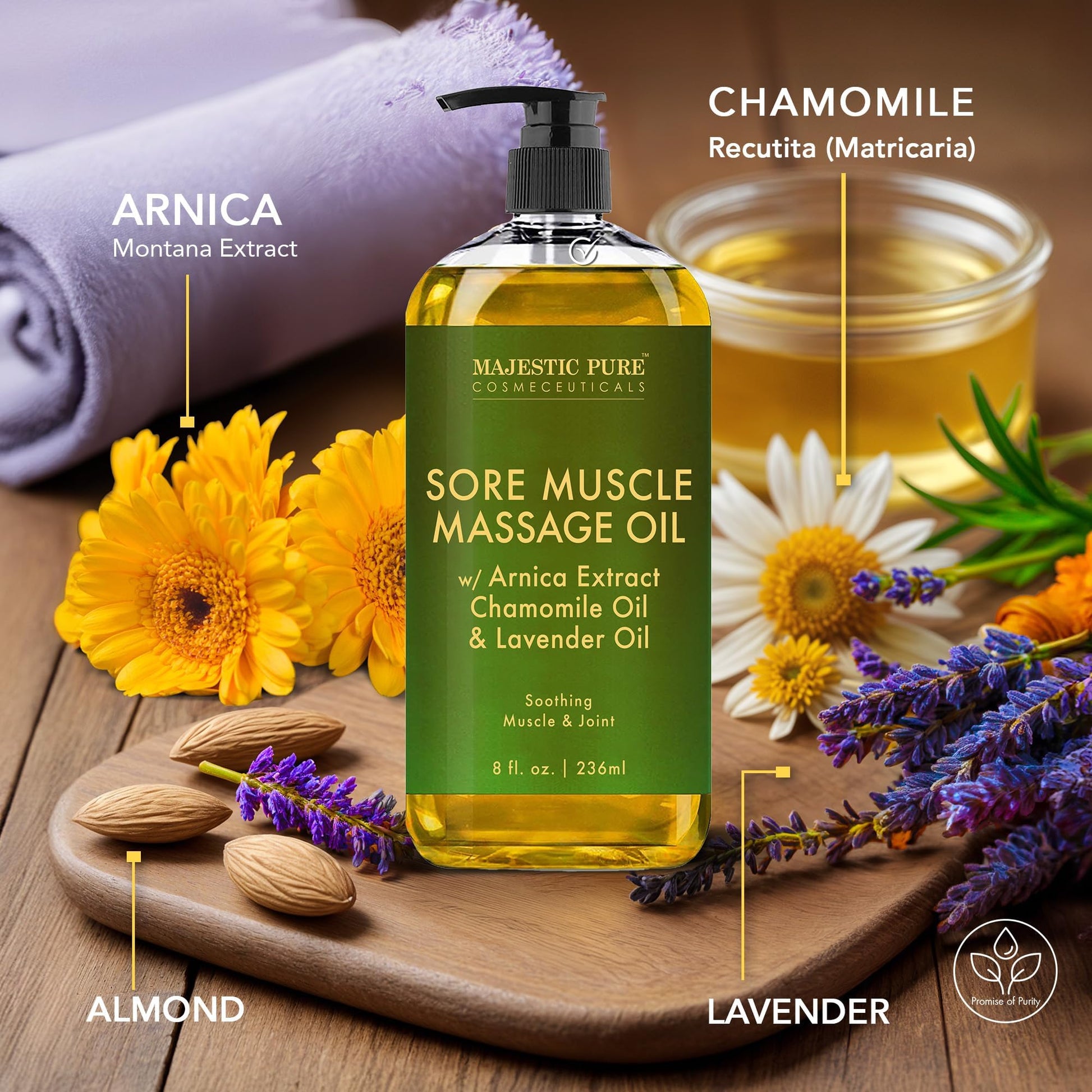 MAJESTIC PURE Aceite de masaje muscular de árnica para el cuerpo, el mejor aceite de terapia natural con aceites esenciales de lavanda y manzanilla, calentamiento, relajación, masajea las articulaciones y los músculos, 8 onzas, juego de 2
